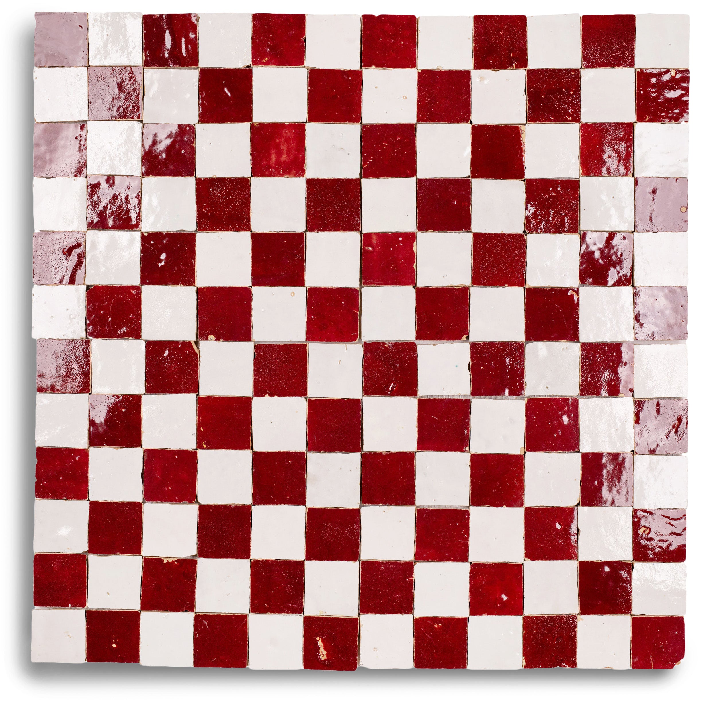 White & Oxblood 2x2 Zellige Checkerboard Mosaic with red and white terracotta from Handmade Moroccan Zellige Tiles collection