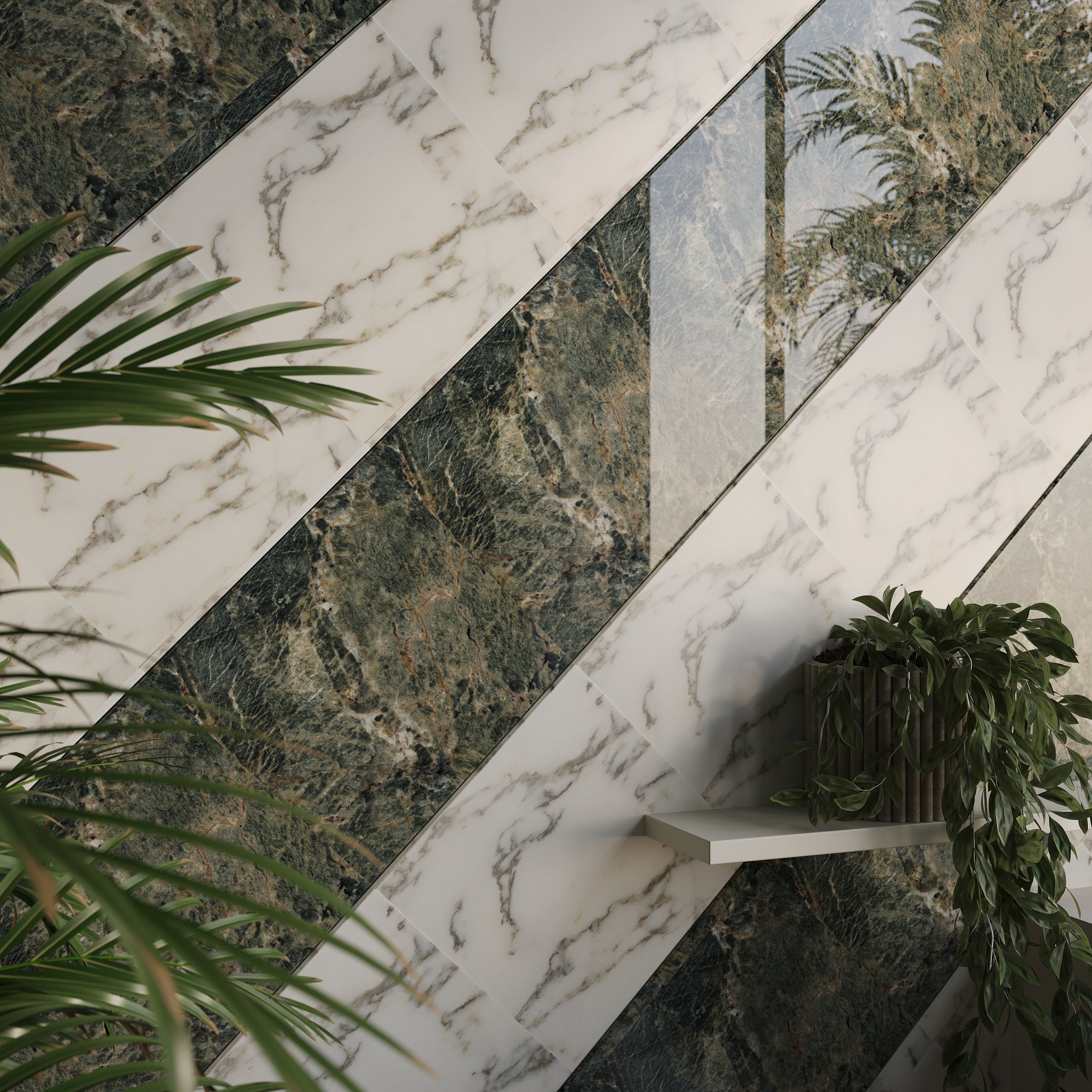 Wall installation with diagonal marble-effect porcelain tiles in white and dark green tones with plants nearby