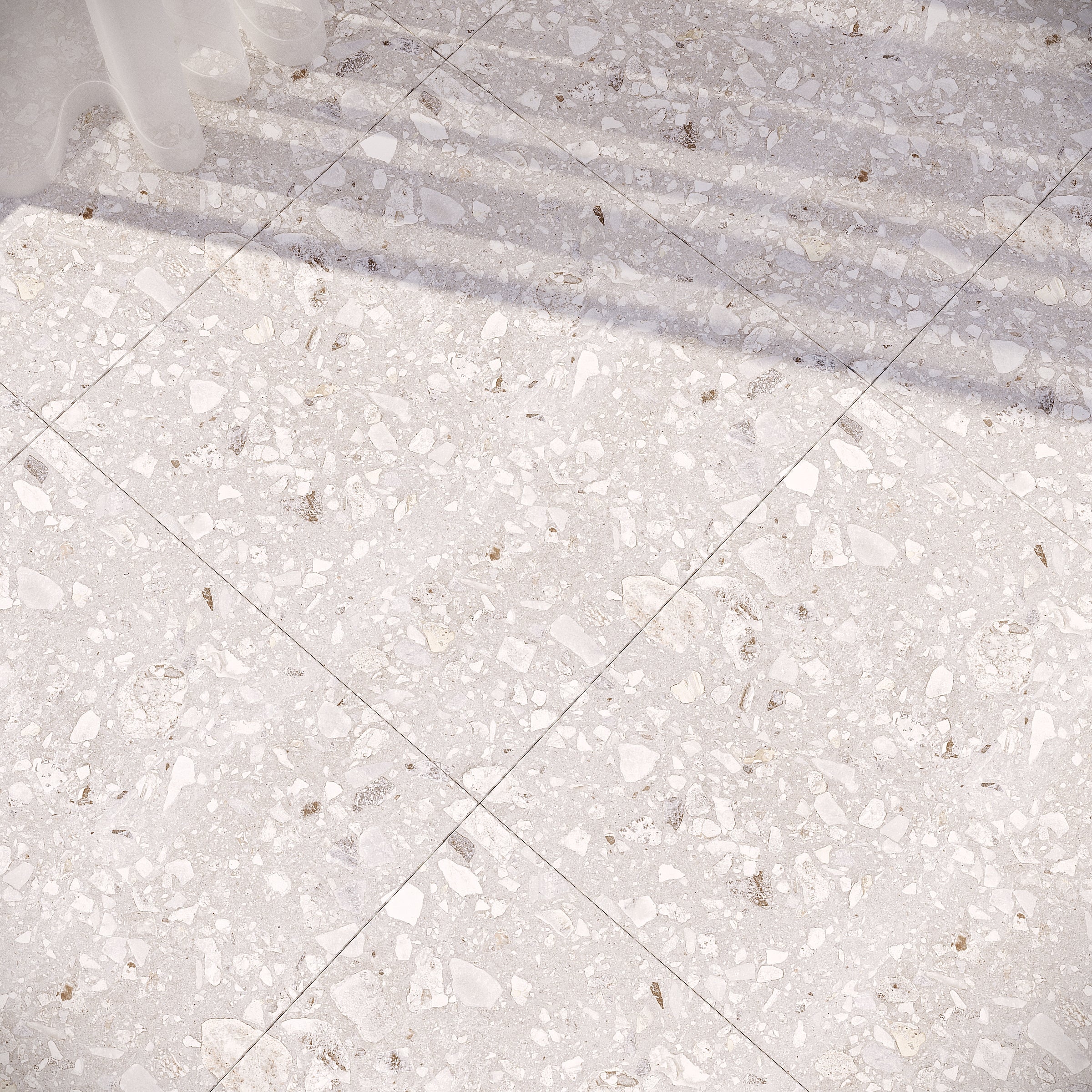 Pearl 24x24 Cheppo Look Matte Porcelain Tile in gray and white porcelain with aggregate texture from Stone Editions Porcelain Tile collection