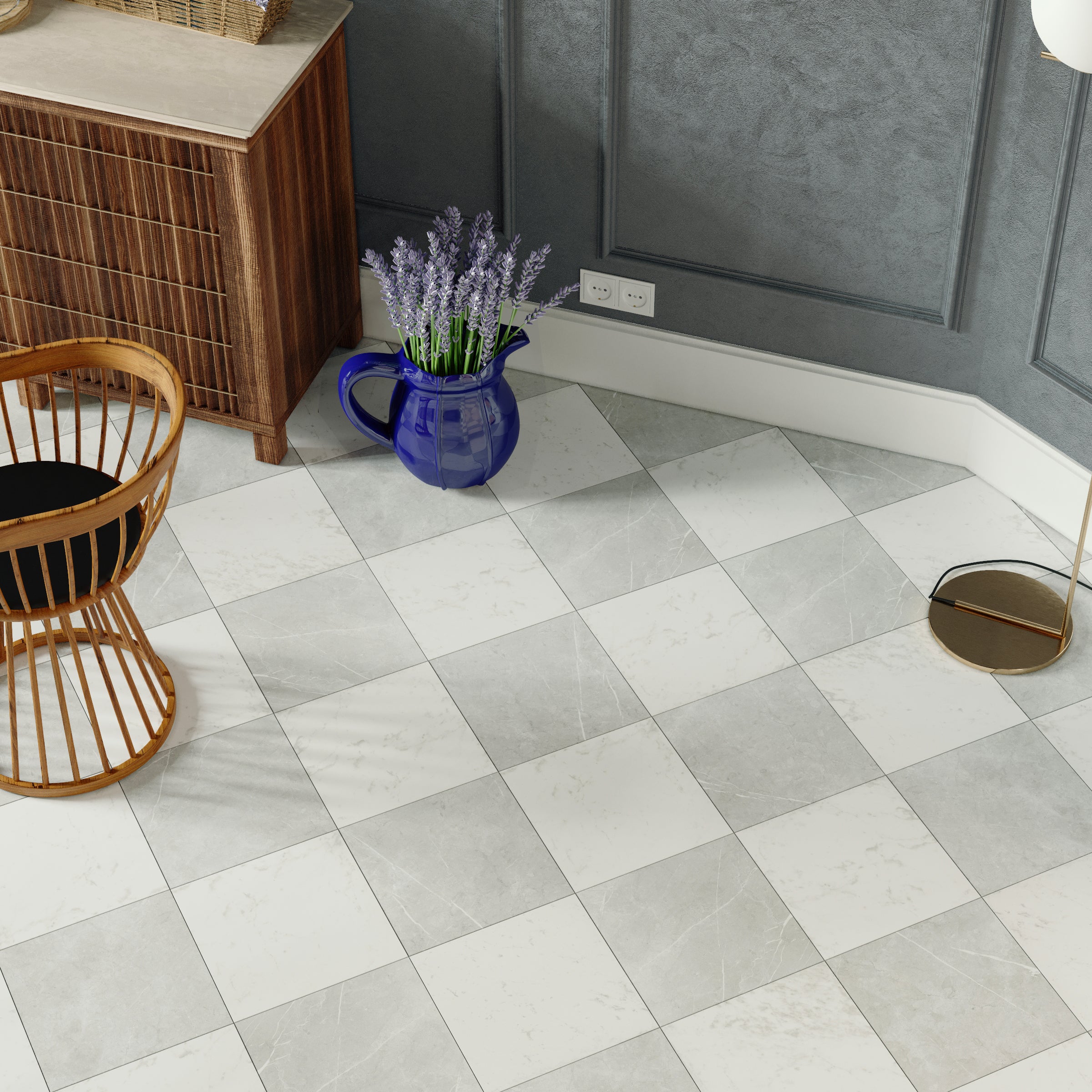 Bright room corner with large light gray and white marble tiles arranged diagonally, blue vase, and wooden chair nearby