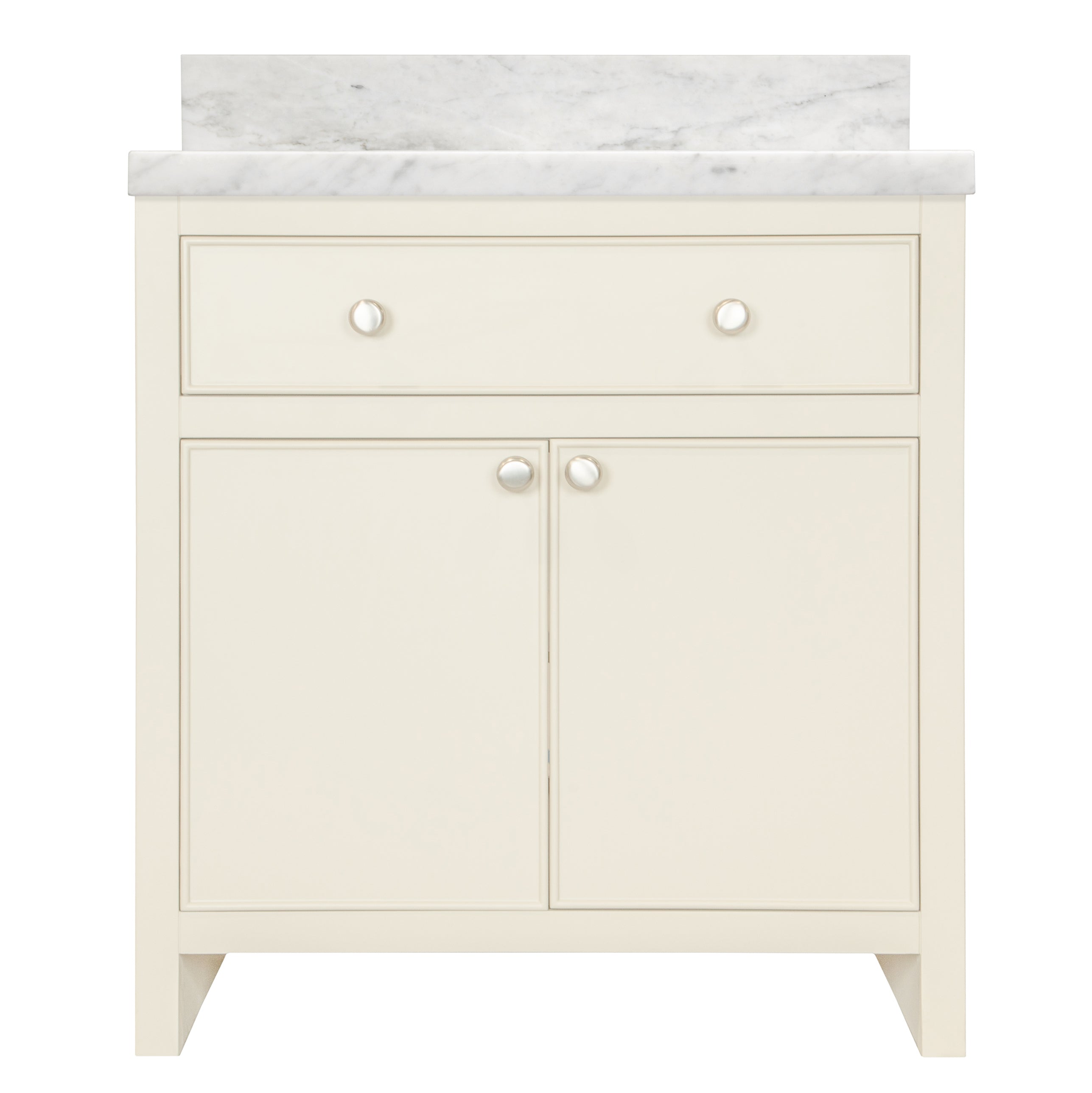 The Harlow Bathroom Vanity in gray and beige with inset doors, round knobs, and marble top from Bathroom Vanities collection