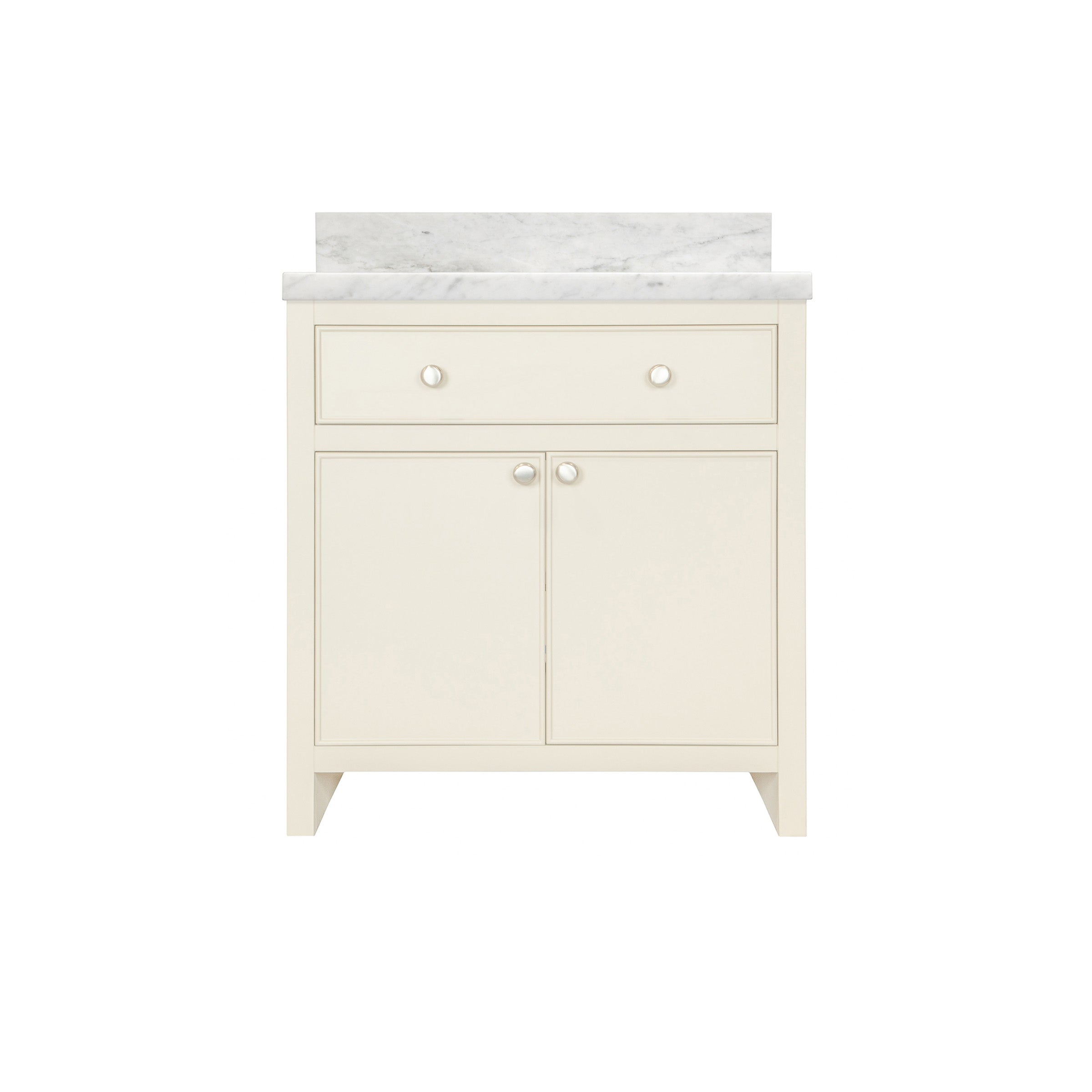 The Harlow Bathroom Vanity in beige plaster with inset doors, round knobs, leg-mounted design, and marble top from Bathroom Vanities collection