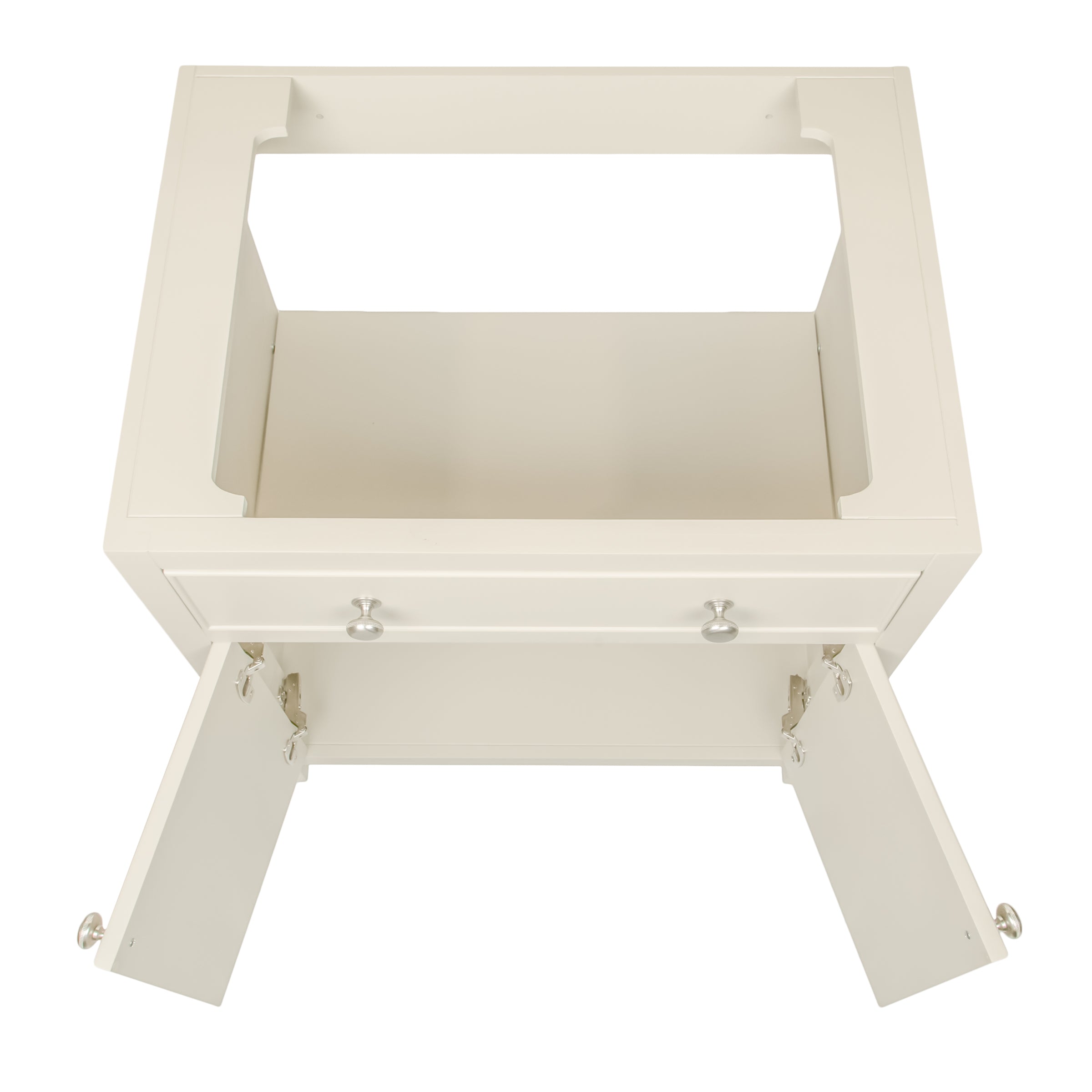 Open cream-colored cabinet frame with drawer and two doors, featuring silver knobs and smooth minimalist design