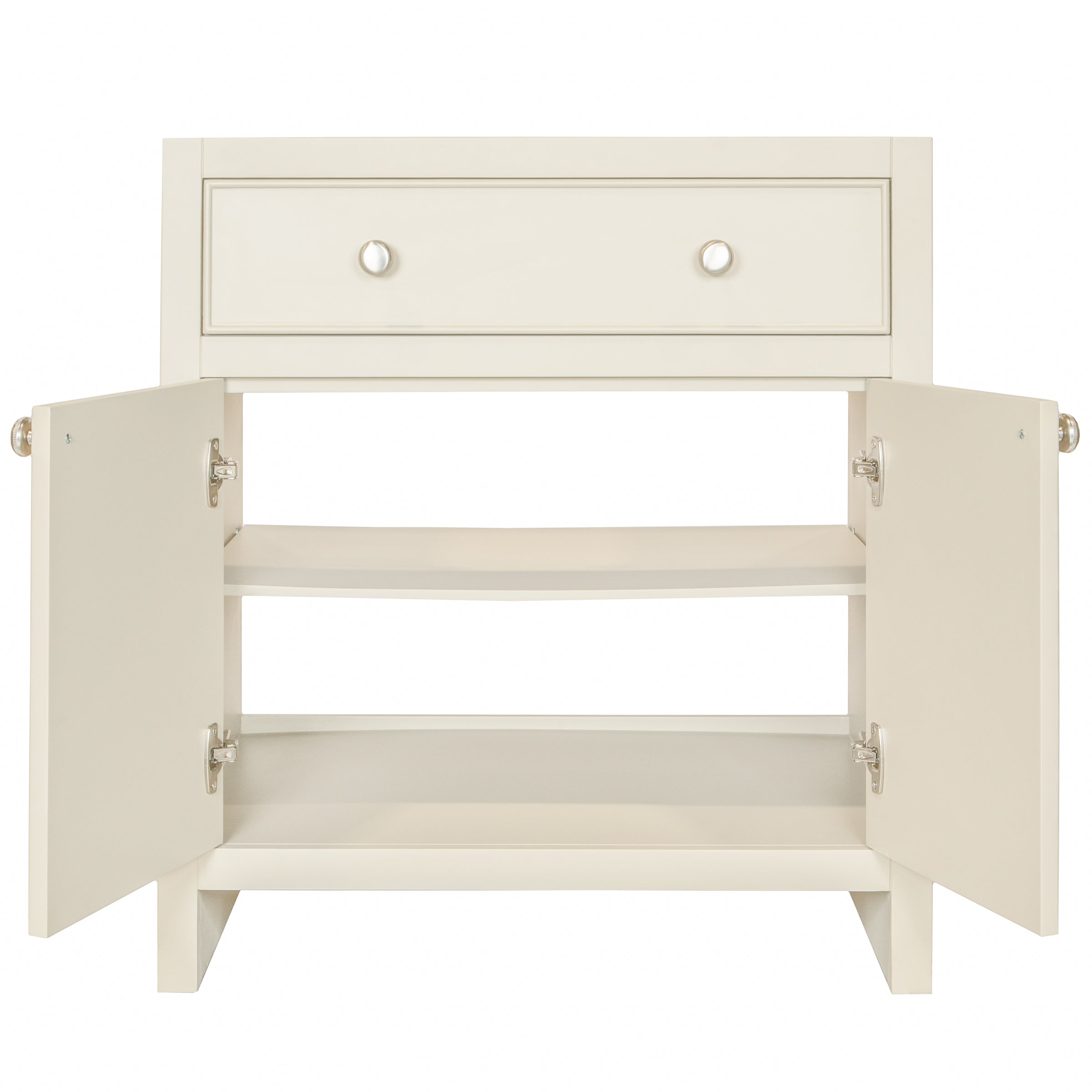 Cream-colored storage cabinet with open double doors, a single drawer above, and two interior shelves visible