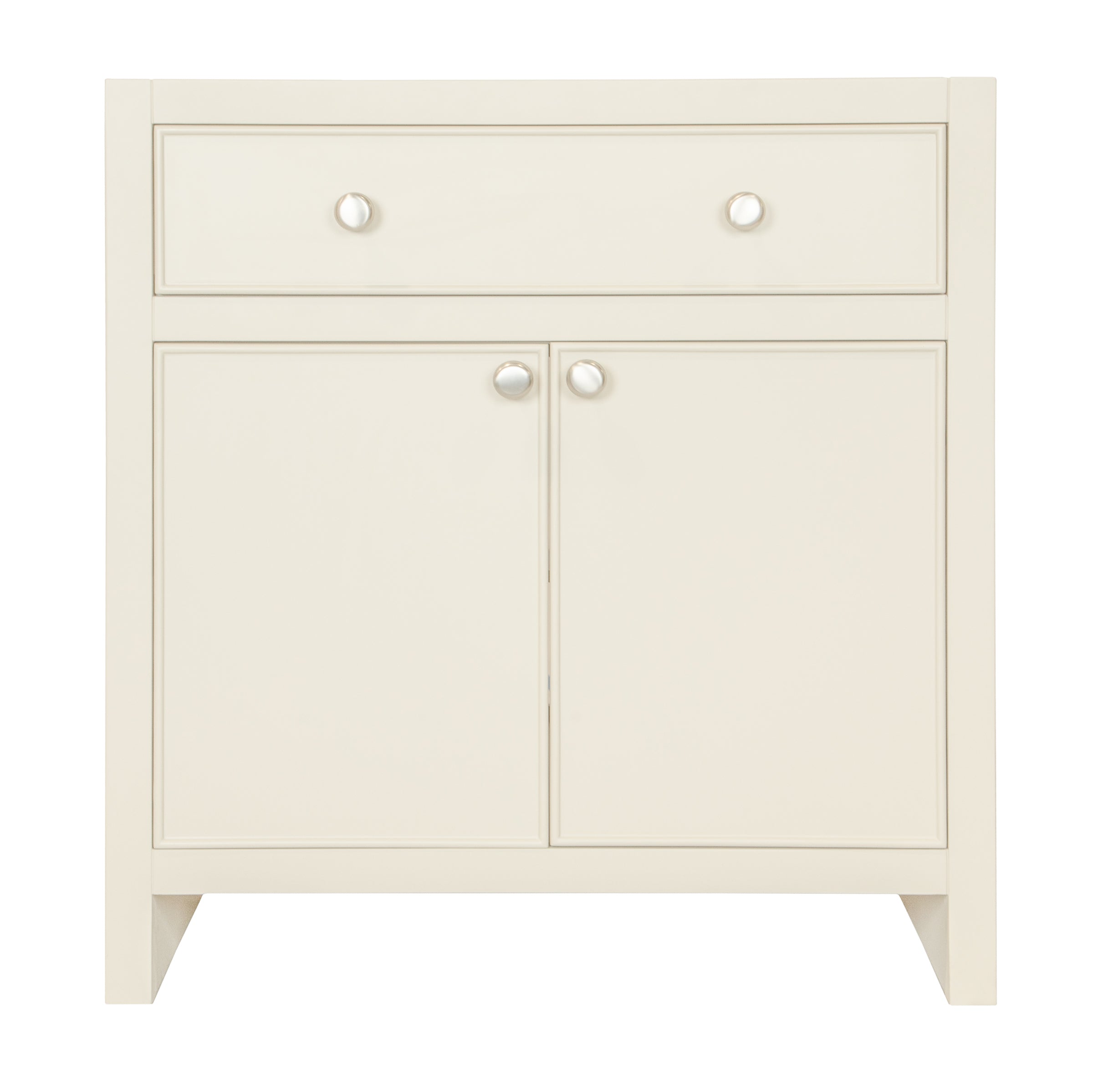 The Harlow Bathroom Vanity in plaster taupe with inset doors, round knobs, and leg-mounted design from Bathroom Vanities collection