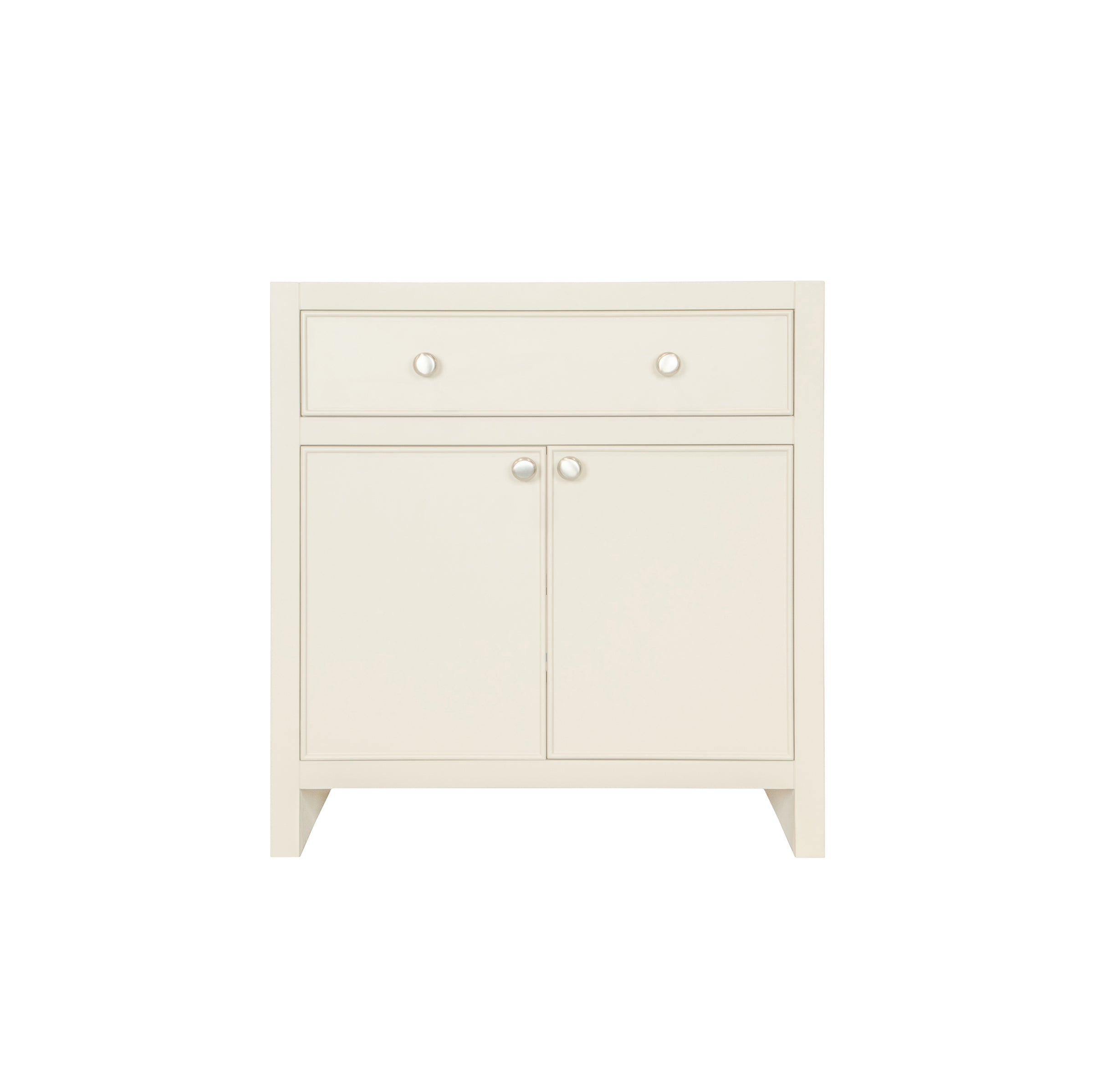 The Harlow Bathroom Vanity in plaster taupe with inset doors, round knobs, and leg-mounted design from Bathroom Vanities collection