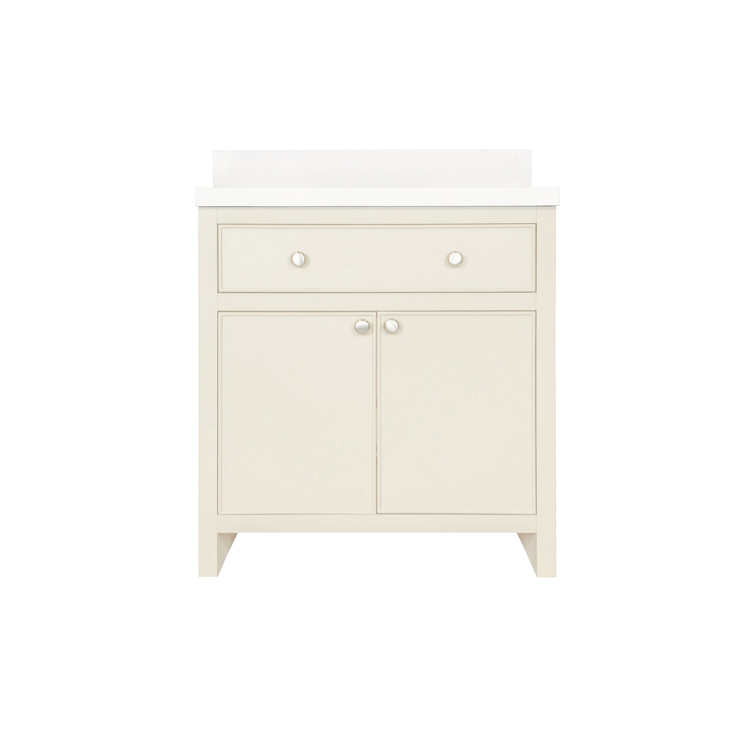 The Harlow Bathroom Vanity in beige plaster with inset doors, round knobs, leg-mounted design, and quartz top from Bathroom Vanities collection