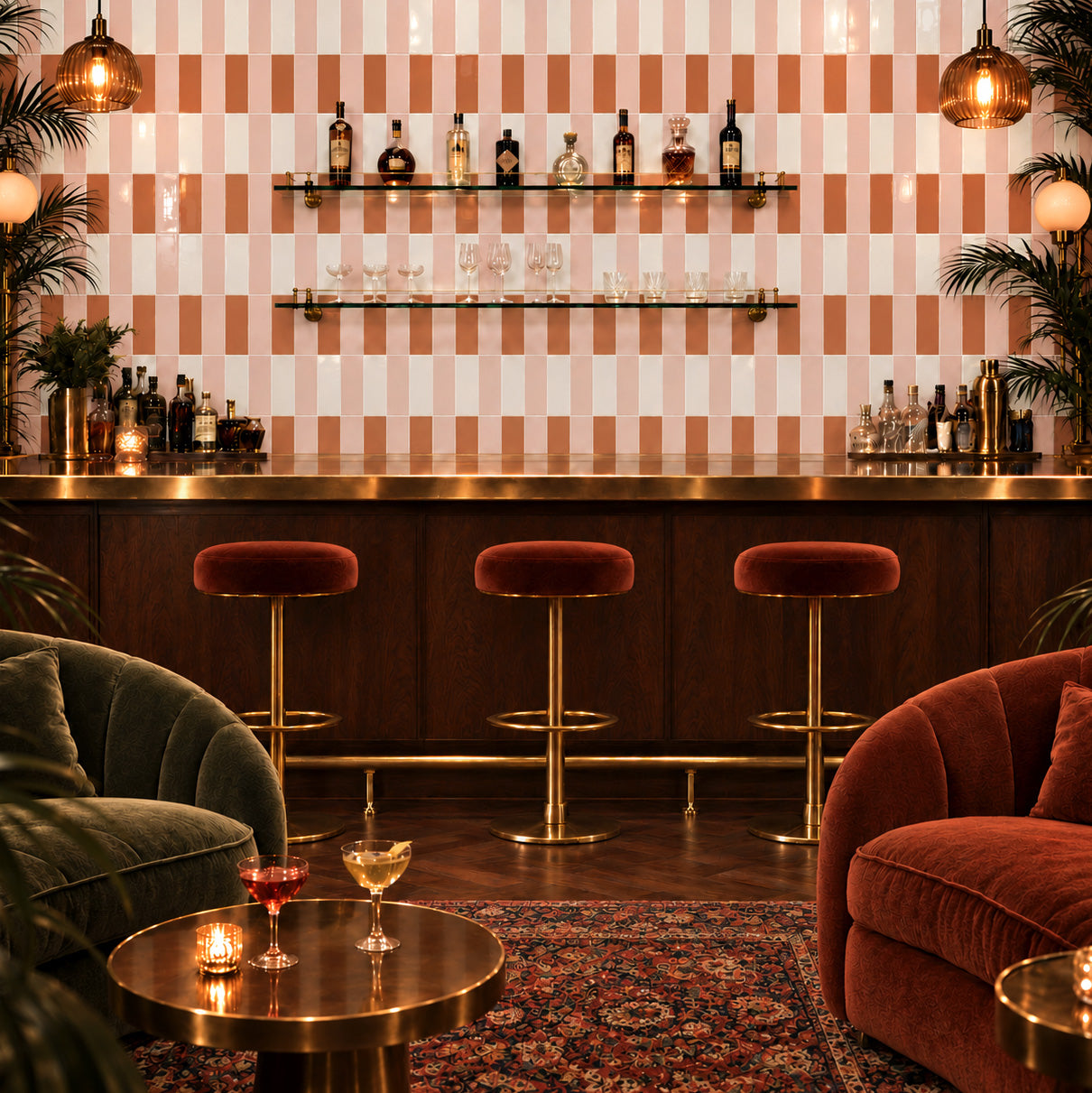 Stylish home bar with pink and cream striped wall tiles, velvet stools, and lounge seating