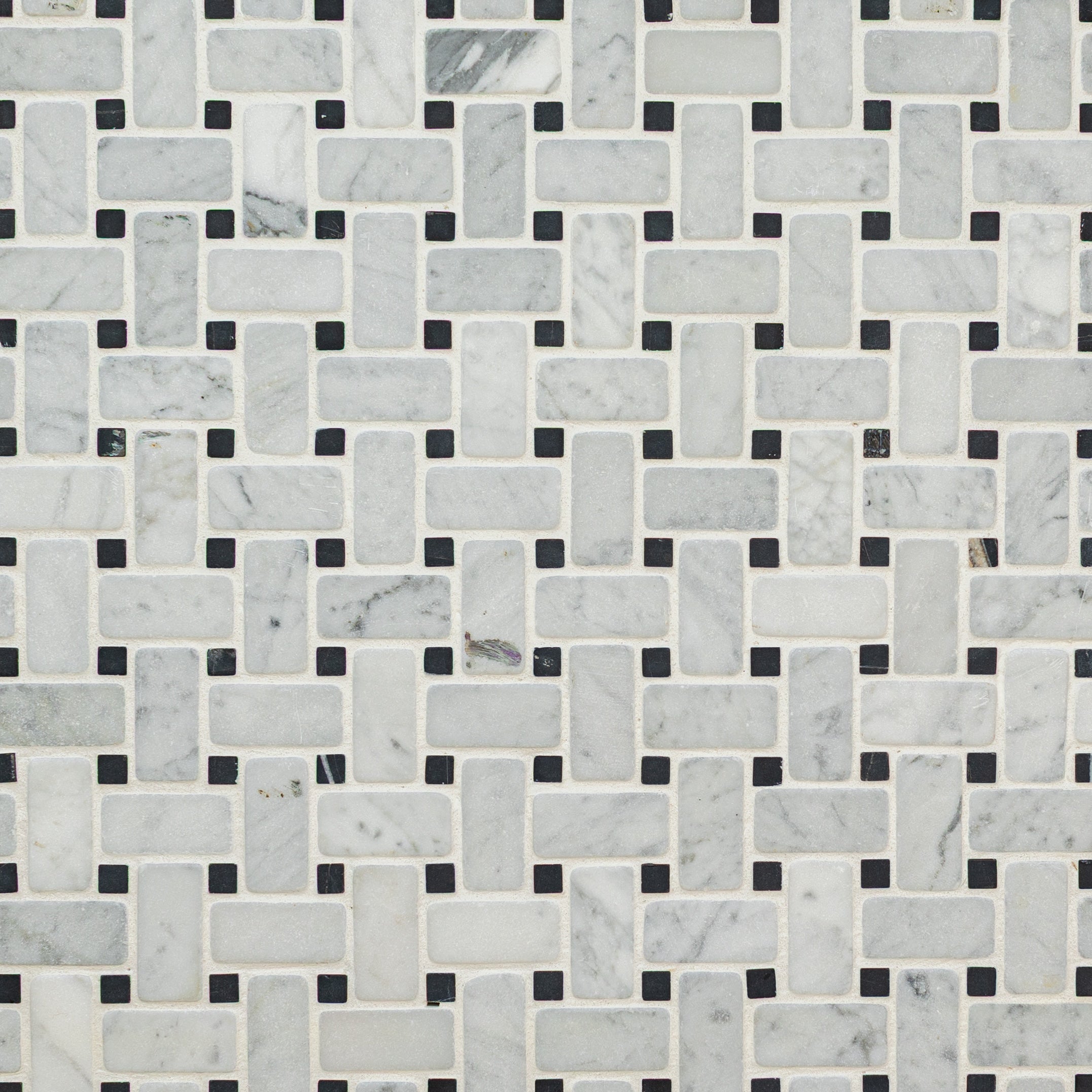 Carrara Tumbled Basketweave Marble Mosaic in gray, black, and white tones from Marble Tiles, Stone, New Arrivals collections