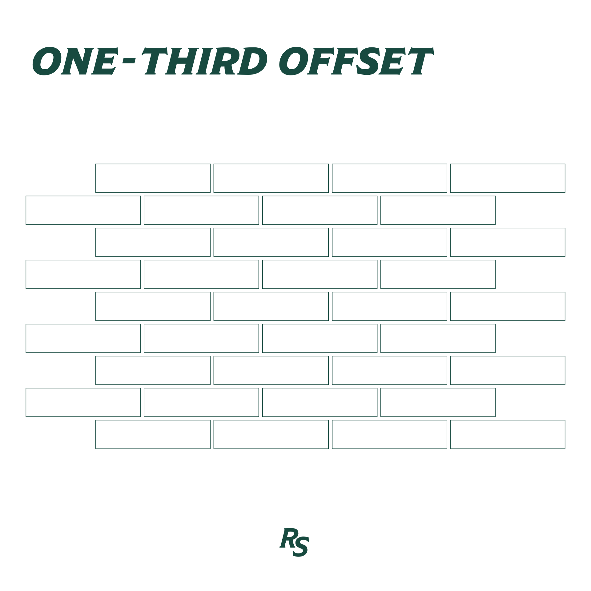 Outline illustration of rectangular tiles arranged in a one-third offset brick pattern with stylized text above and RS logo below