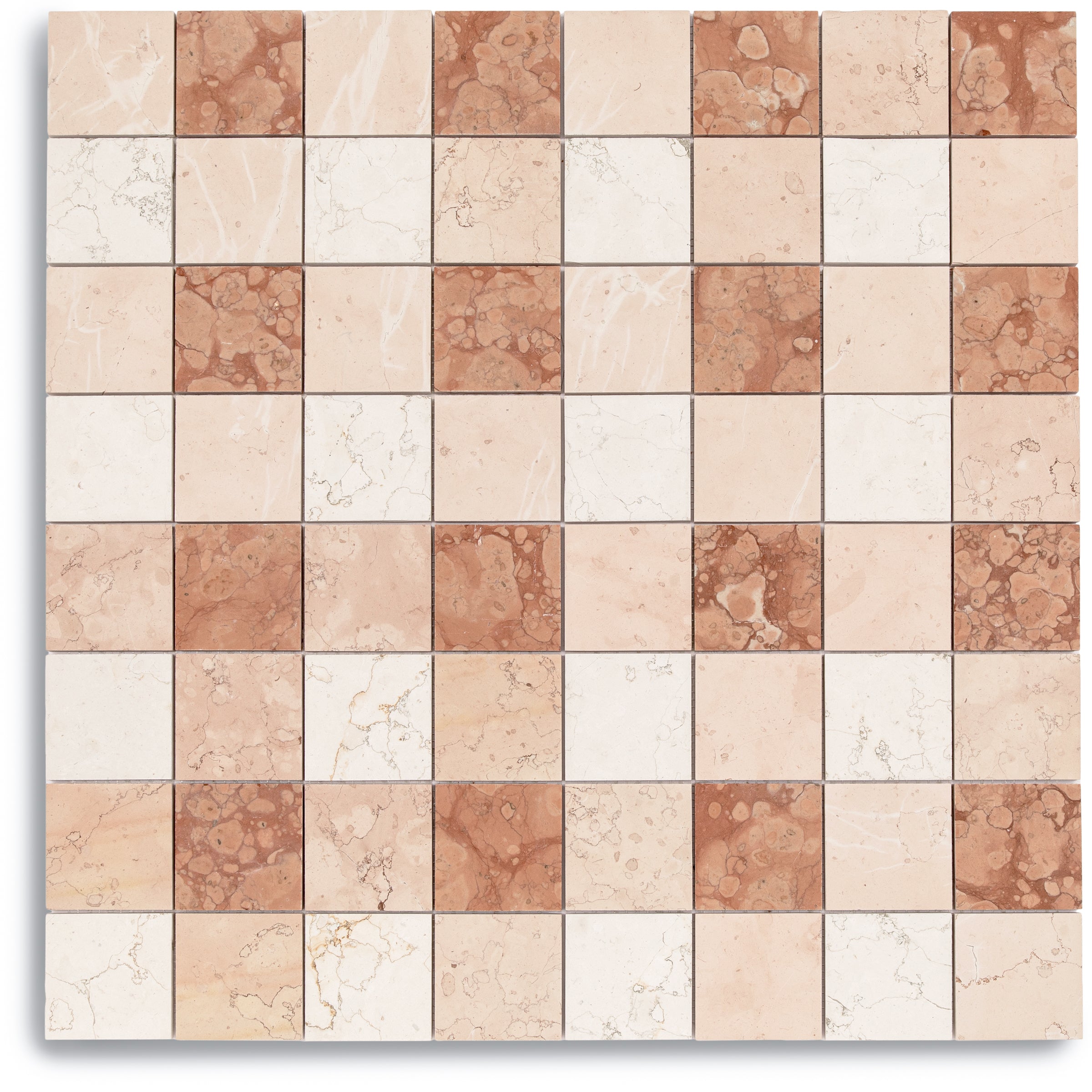 Bianco Perlino, Rosa Perlino, Rosso Verona Gingham Marble Mosaic in a warm check design from Marble Tiles New Arrivals collection