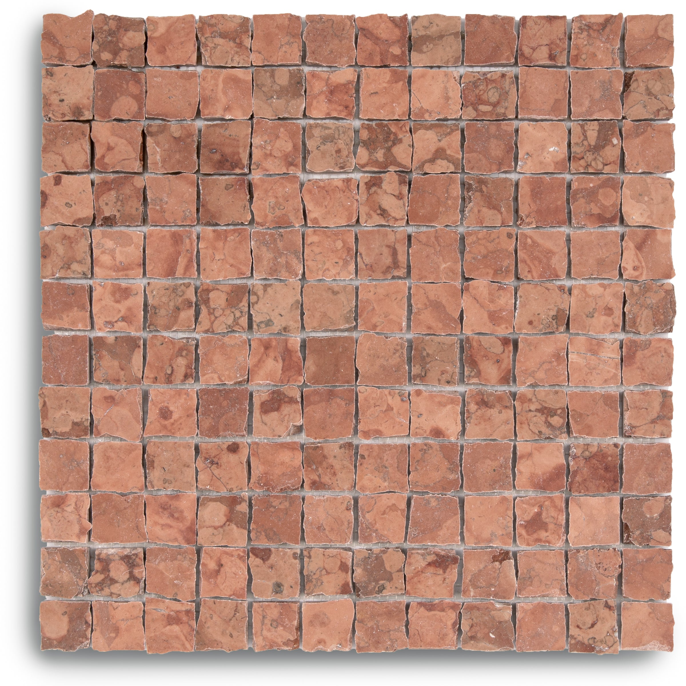 Grid of small, hand-chipped square terracotta tiles with rustic texture and natural color variations in a mosaic pattern