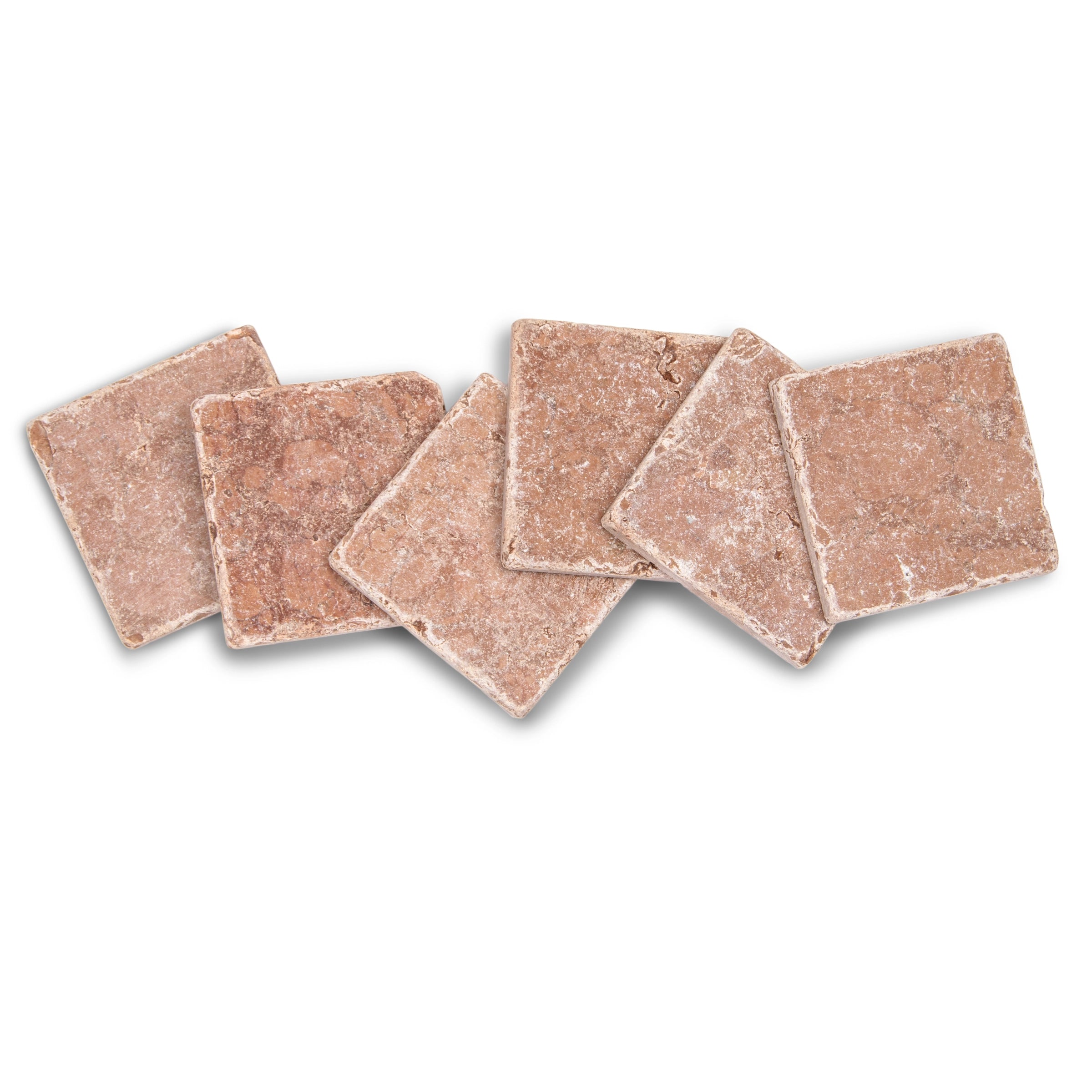 Set of six rustic square tiles in muted reddish-brown tones with natural texture and tumbled edges on white background