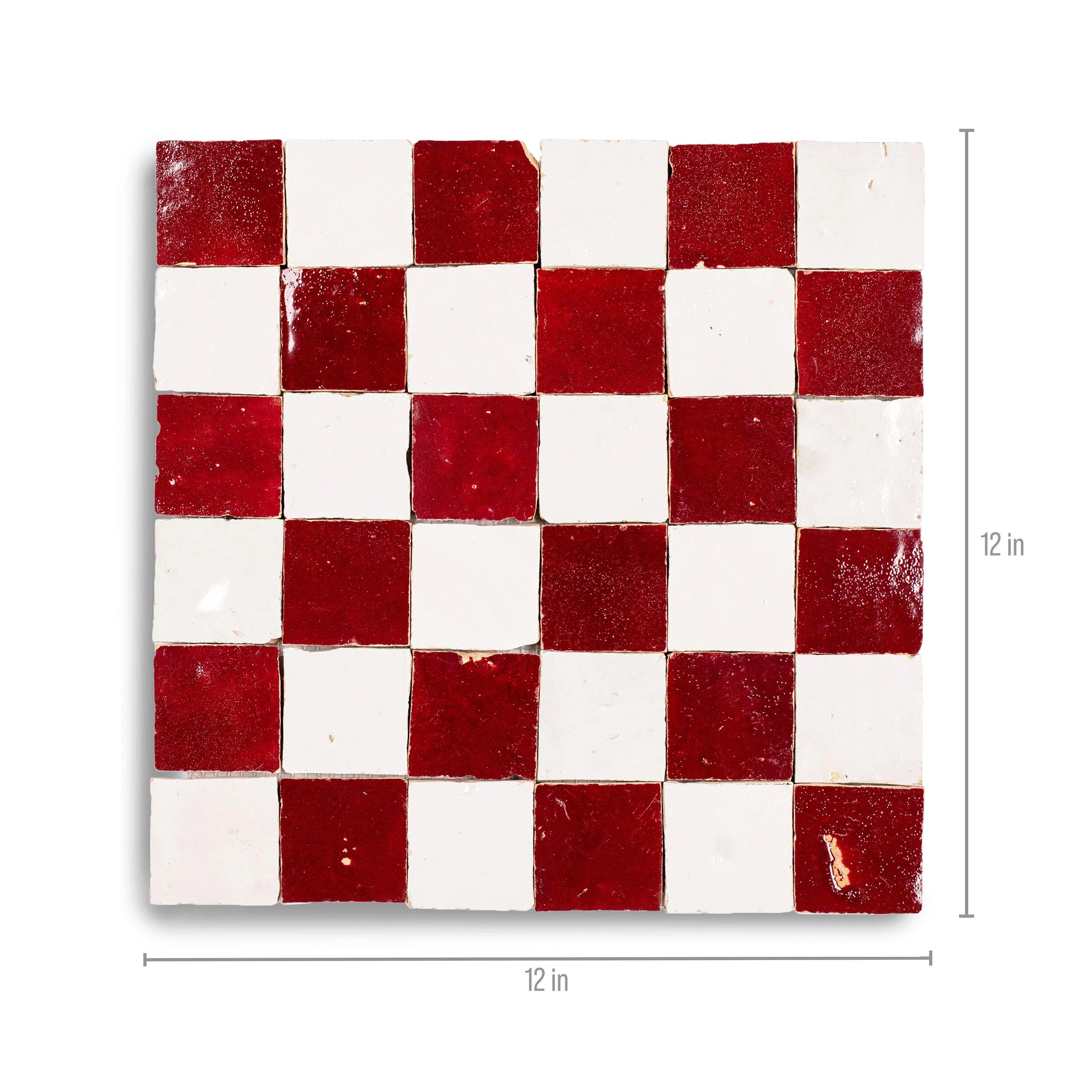 White & Oxblood 2x2 Zellige Checkerboard Mosaic with red and white terracotta from Handmade Moroccan Zellige Tiles collection