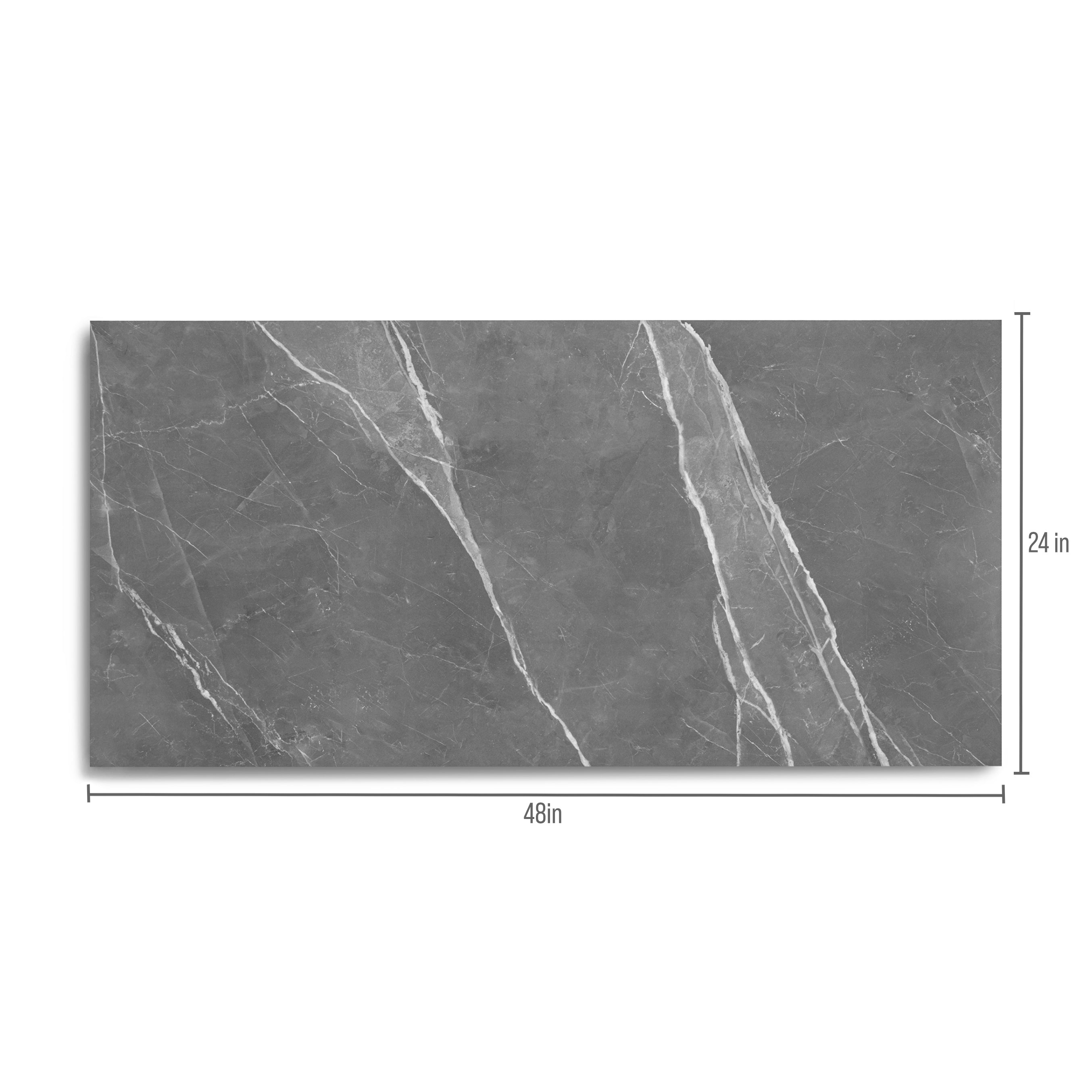 Large rectangular dark gray tile with white marble-like veining and a smooth matte finish for modern flooring or walls