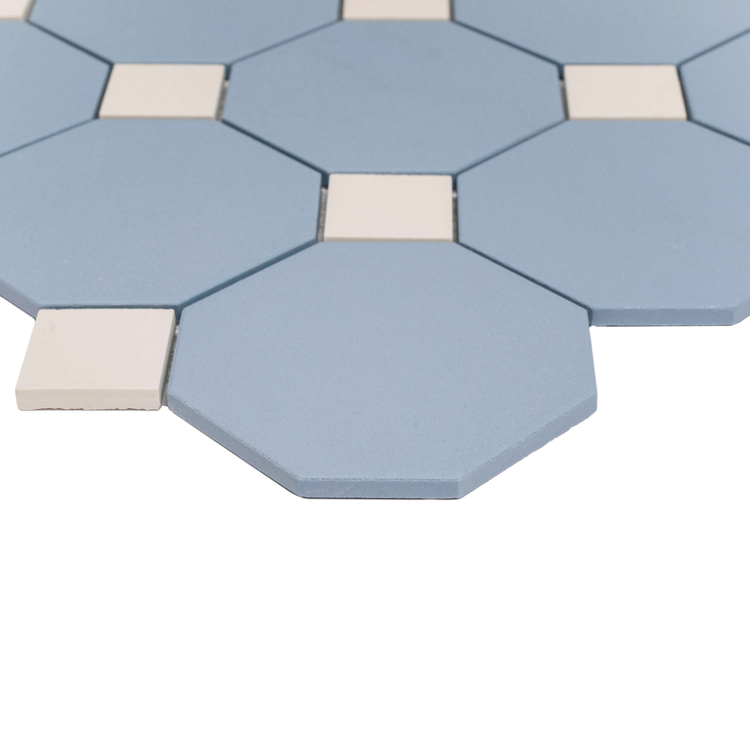 Sky & Cream 12x12 Octagon Porcelain Mosaic Tile Sample in soft blue and cream from Porcelain collection, large format porcelain mosaic.