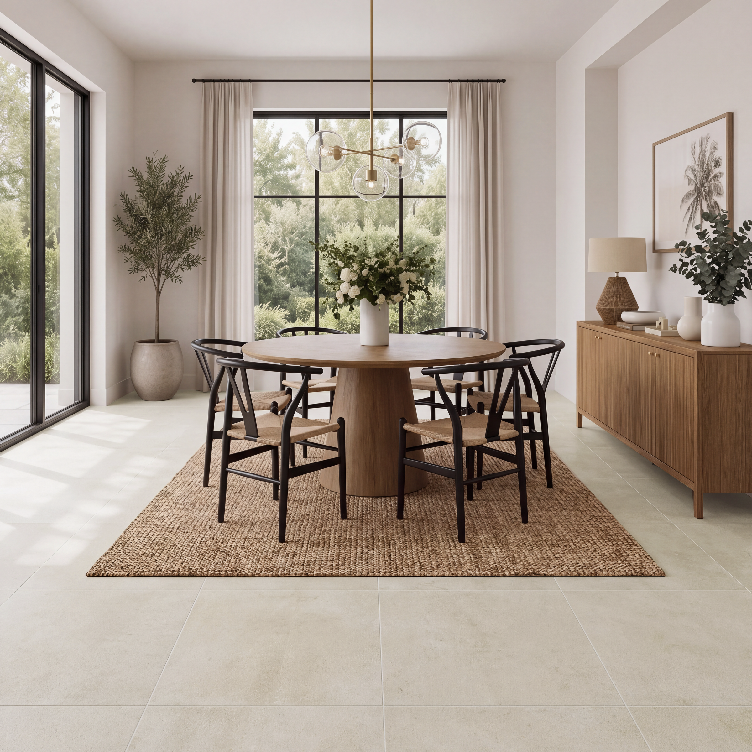 Modern dining room with a round wood table, black chairs, woven rug, and large light beige floor tiles