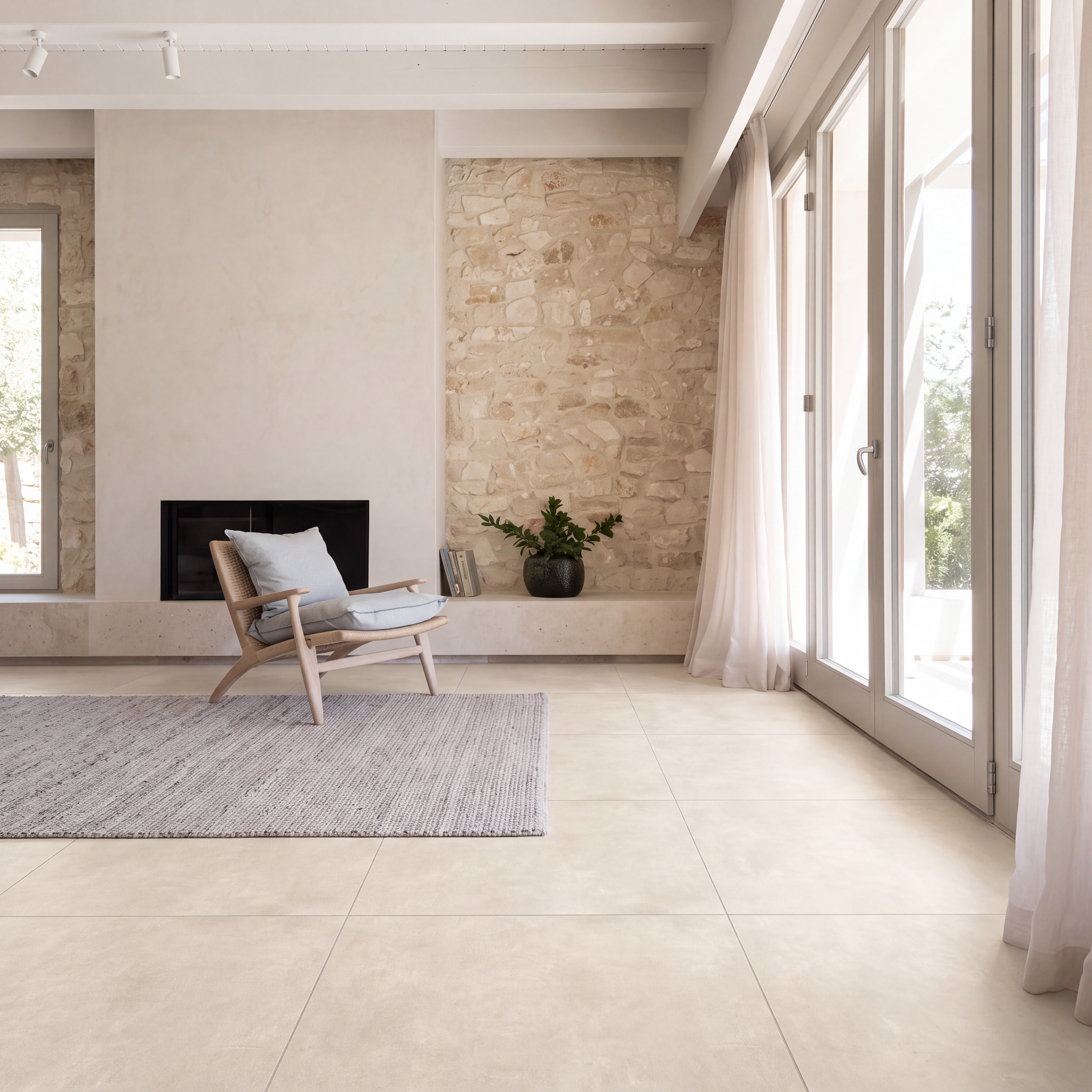Sunlit modern living room with large format tile flooring stone fireplace and glass doors