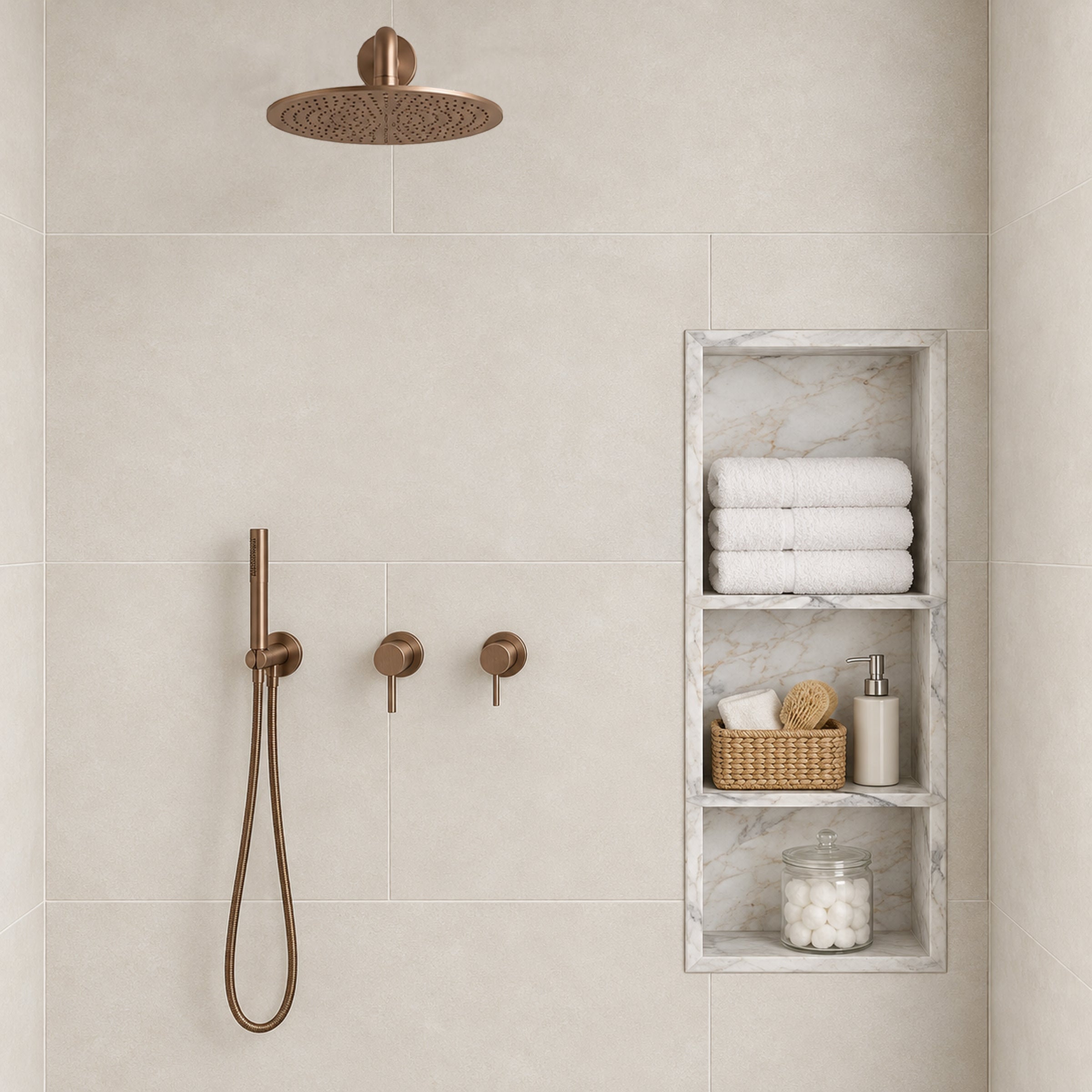 Walk in shower with large format tiles bronze fixtures and recessed marble niche with folded towels