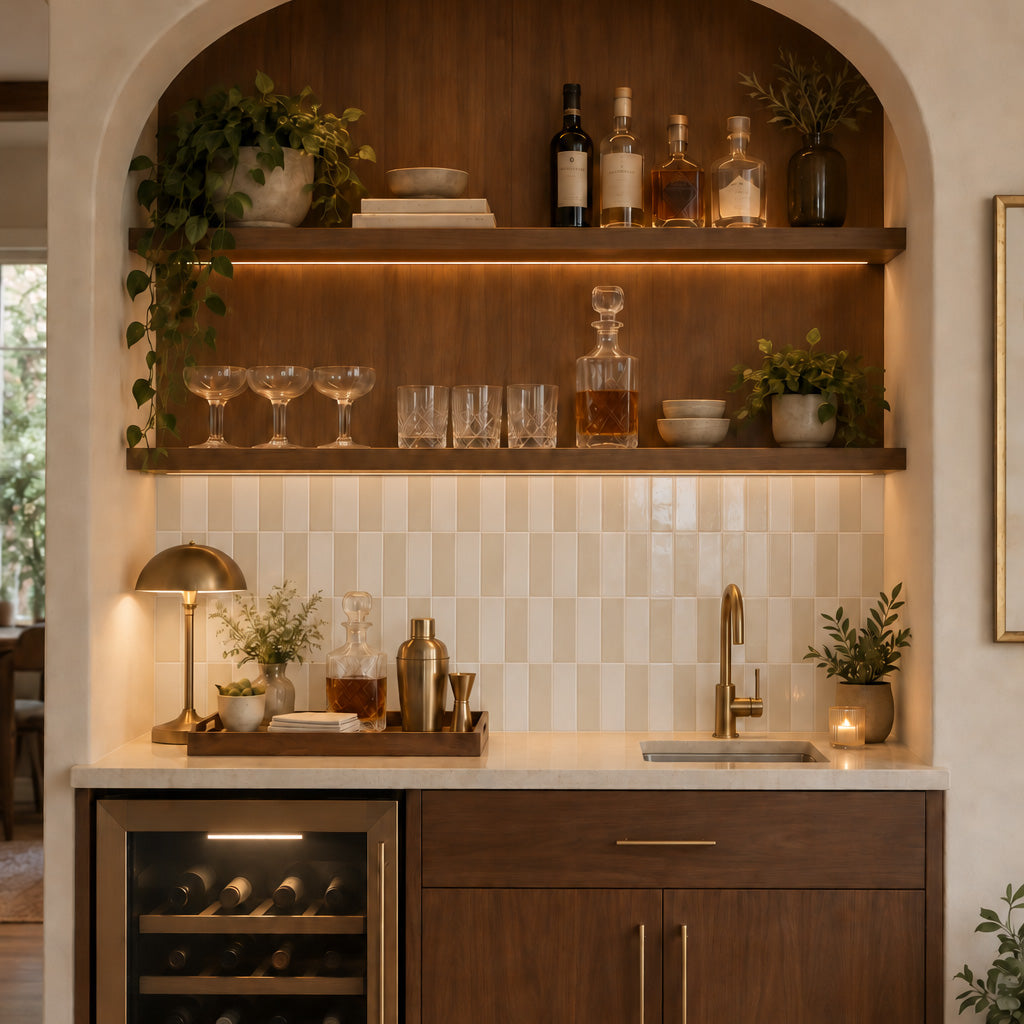 Built-in bar with wood cabinetry, open shelves, glassware, bottles, sink, and tiled backsplash