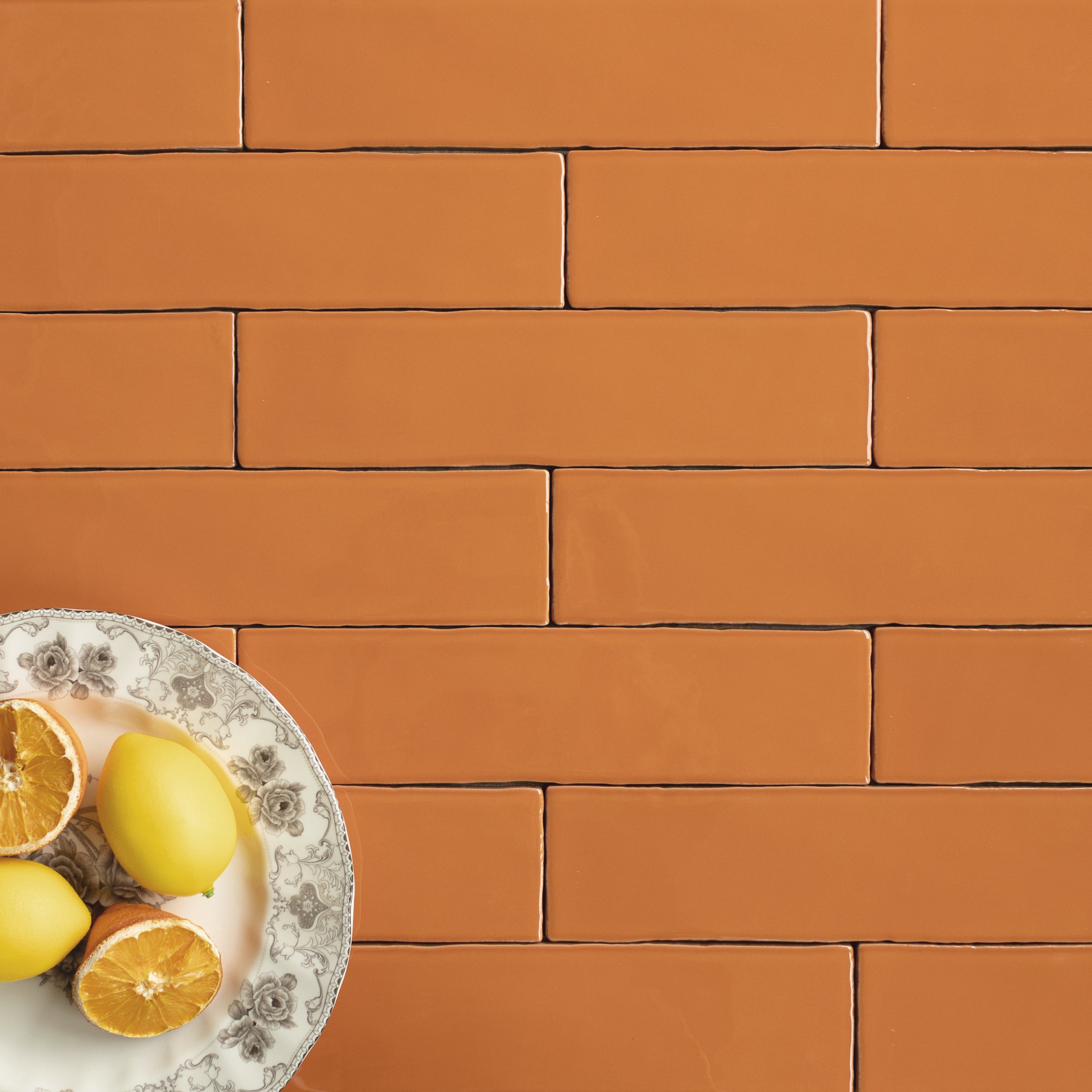 Matte terracotta ceramic tiles in a staggered pattern with a decorative plate holding lemons and orange halves at the corner