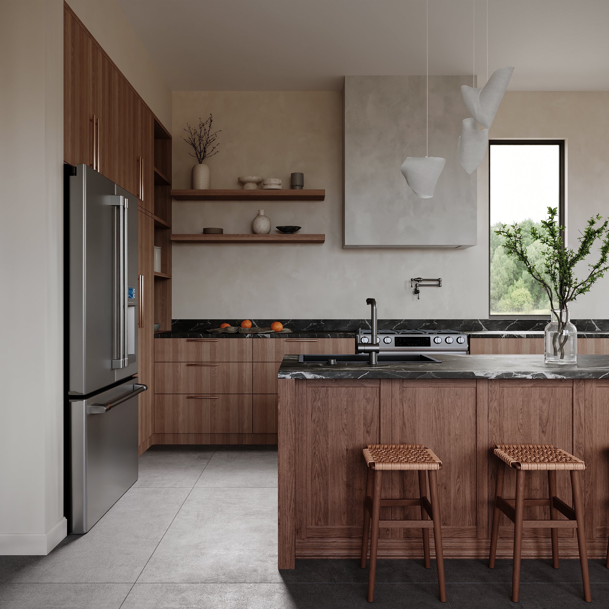 Modern kitchen with wood cabinetry island stainless steel appliances and large format floor tiles