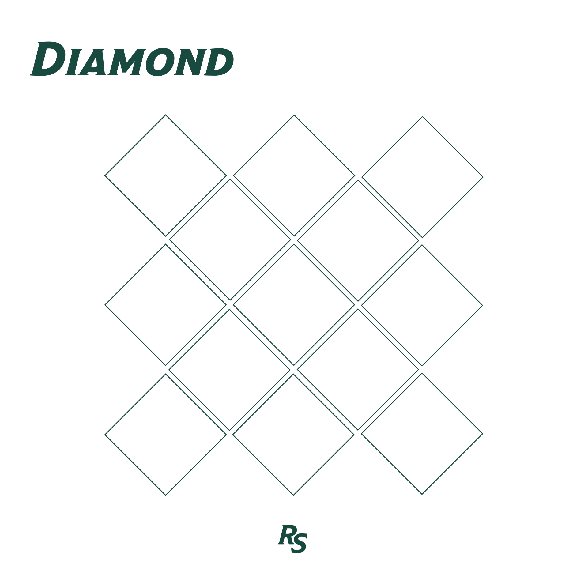 Outline illustration of sixteen diamond-shaped tile outlines arranged in a square pattern with stylized text above and below.