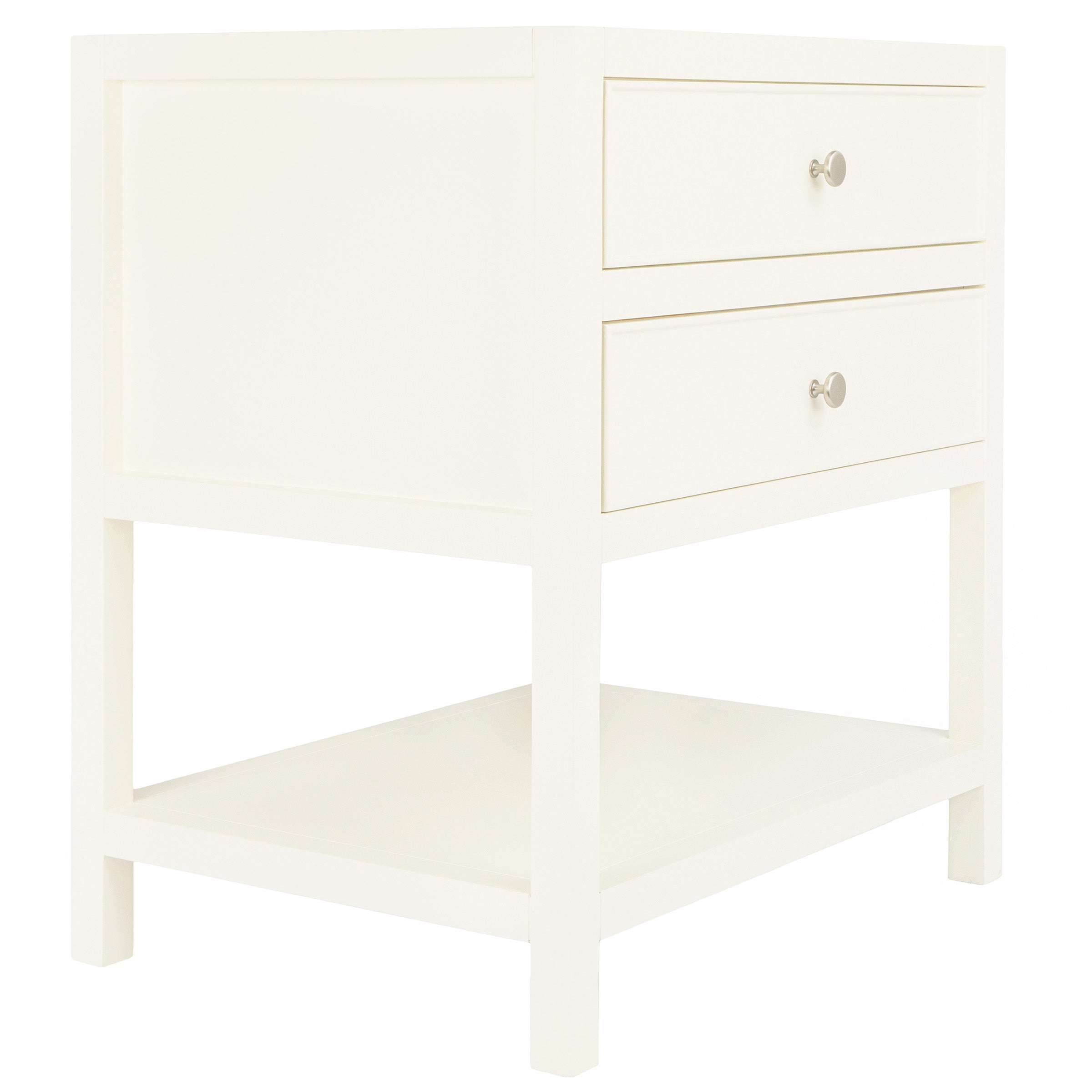 White wooden nightstand with two drawers and open lower shelf, minimalist modern design
