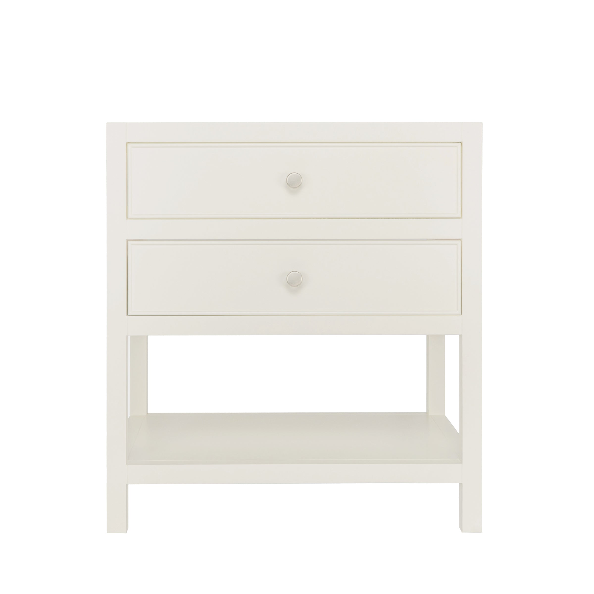 The Sunday Bathroom Vanity in soft grey with two drawers and open lower shelf, part of New Arrivals vanities.