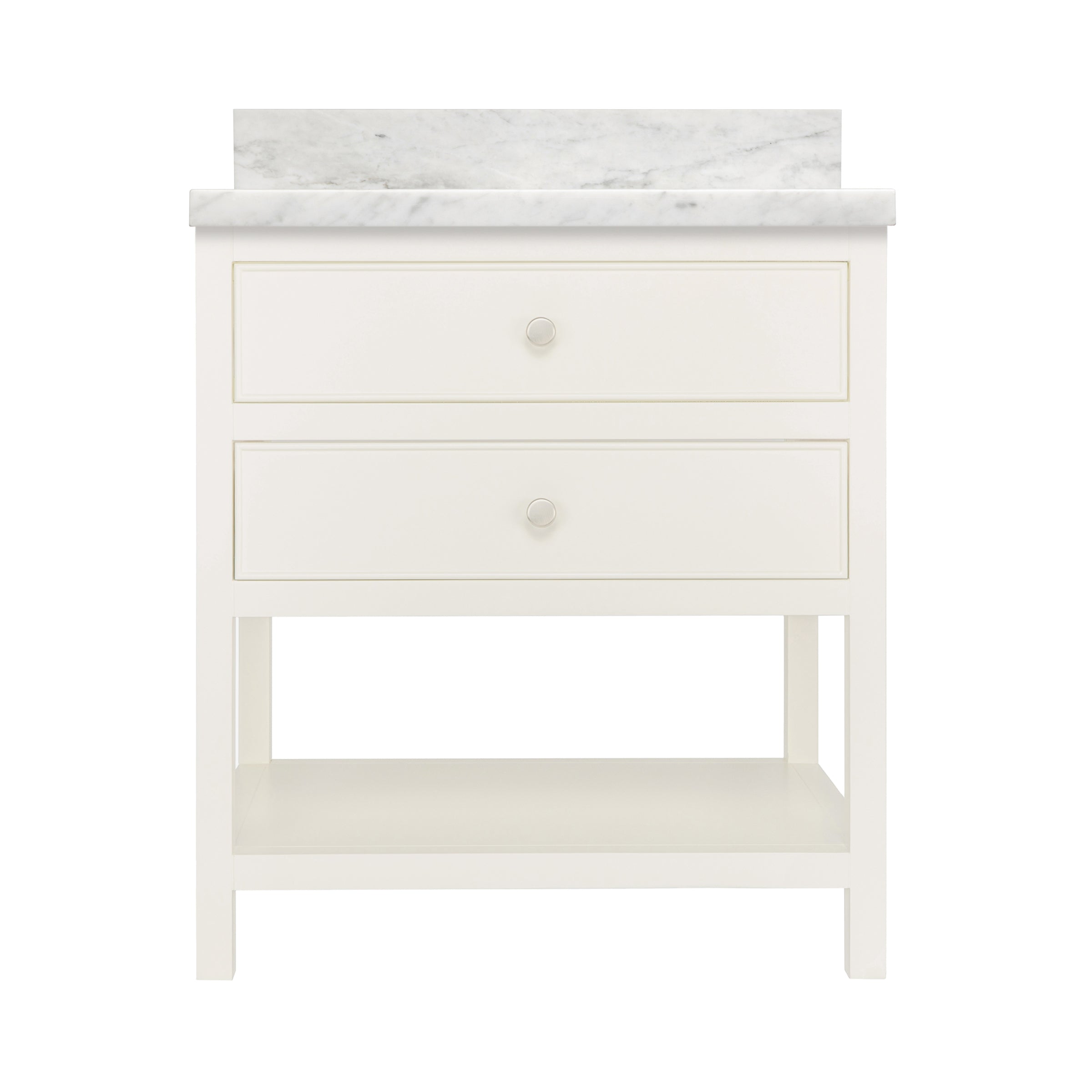 The Sunday Bathroom Vanity in grey plaster with marble countertop, drawers, and open lower shelf design