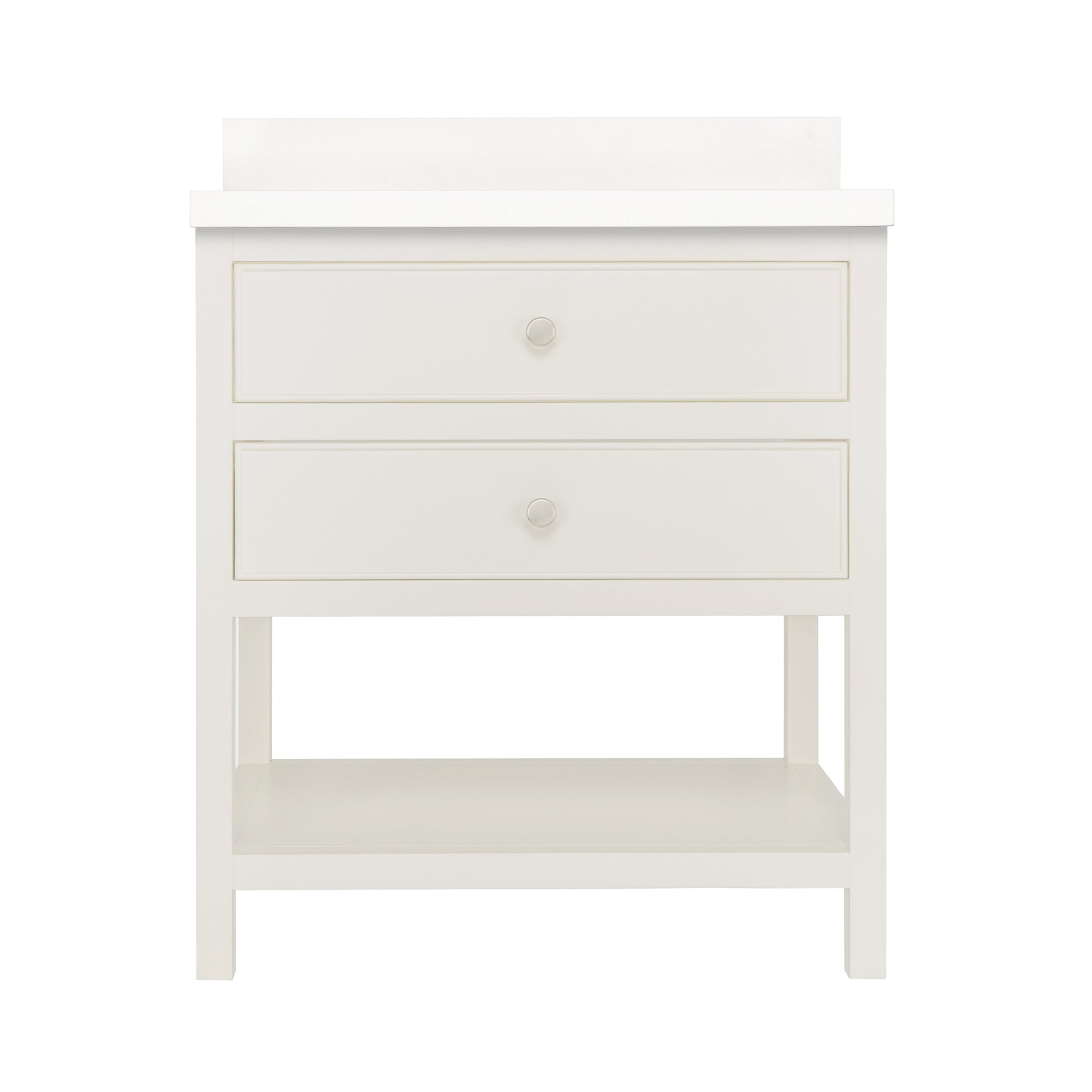The Sunday Bathroom Vanity in white plaster with two drawers and an open lower shelf from Bathroom Vanities collection
