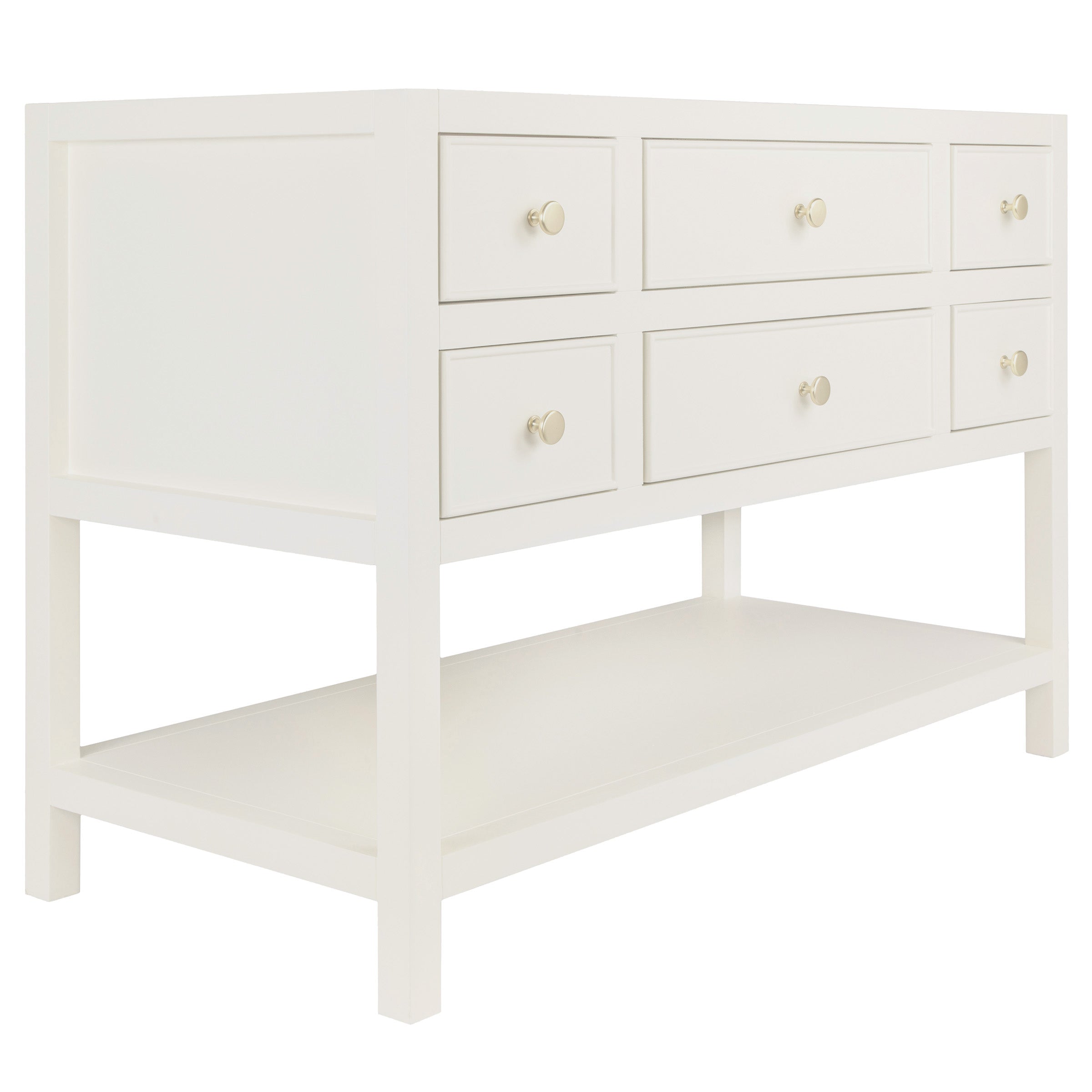 Three-quarter view of a white wooden vanity with six drawers, simple round knobs, and an open bottom shelf for storage.