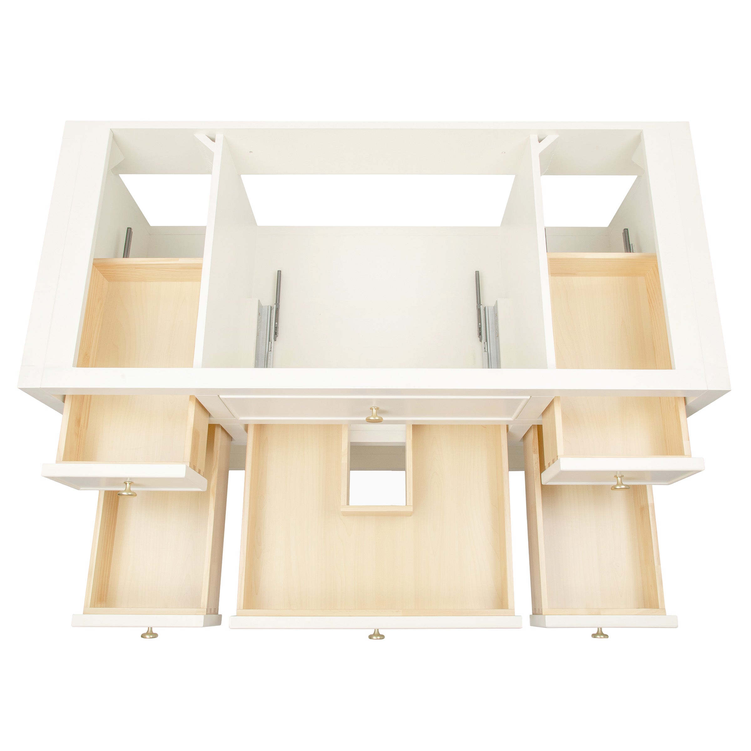 Top view of an open white wooden bathroom vanity with six drawers and three compartments without hardware.