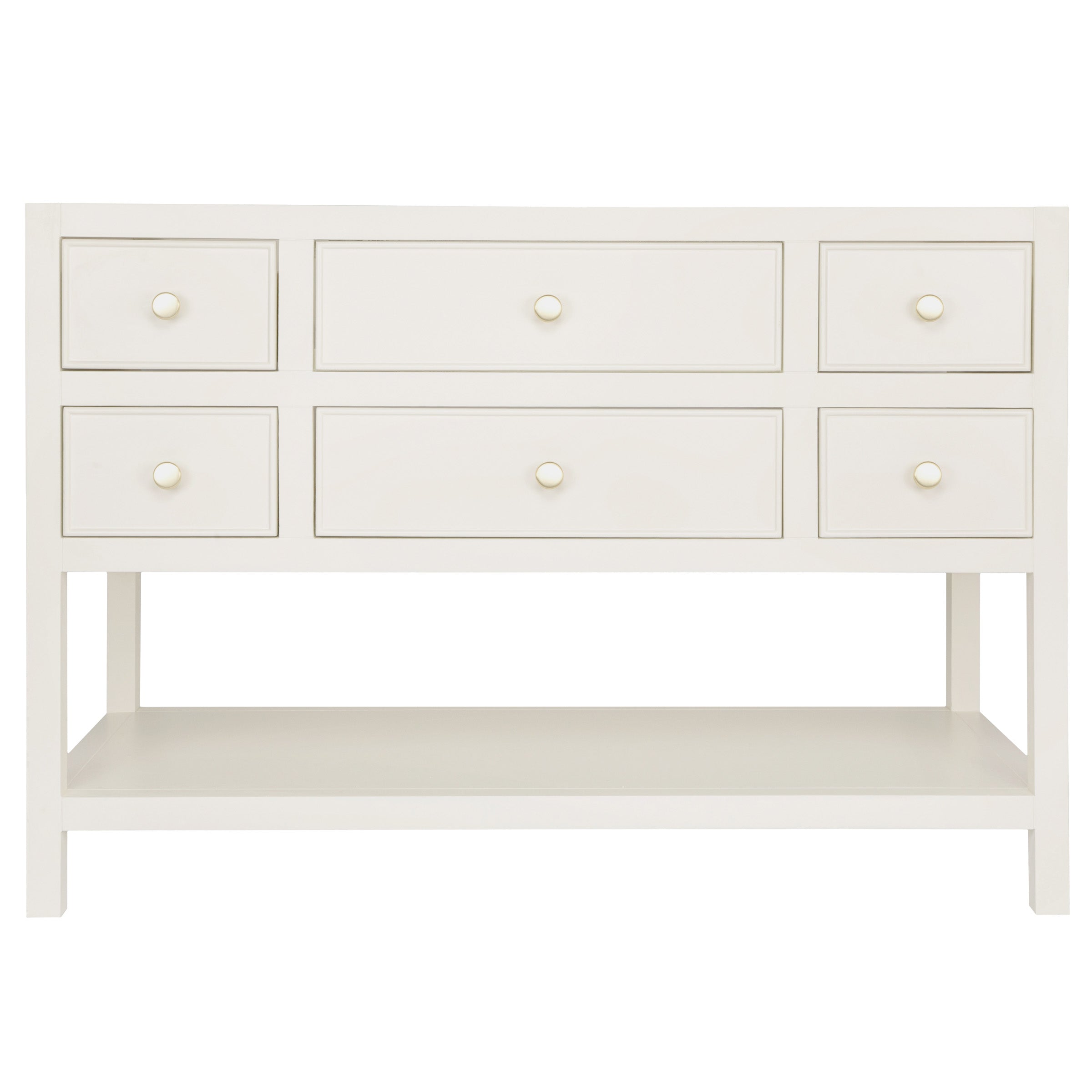 The Sunday Bathroom Vanity in plaster grey with dovetail drawers and open lower shelf, from Bathroom Vanities collection