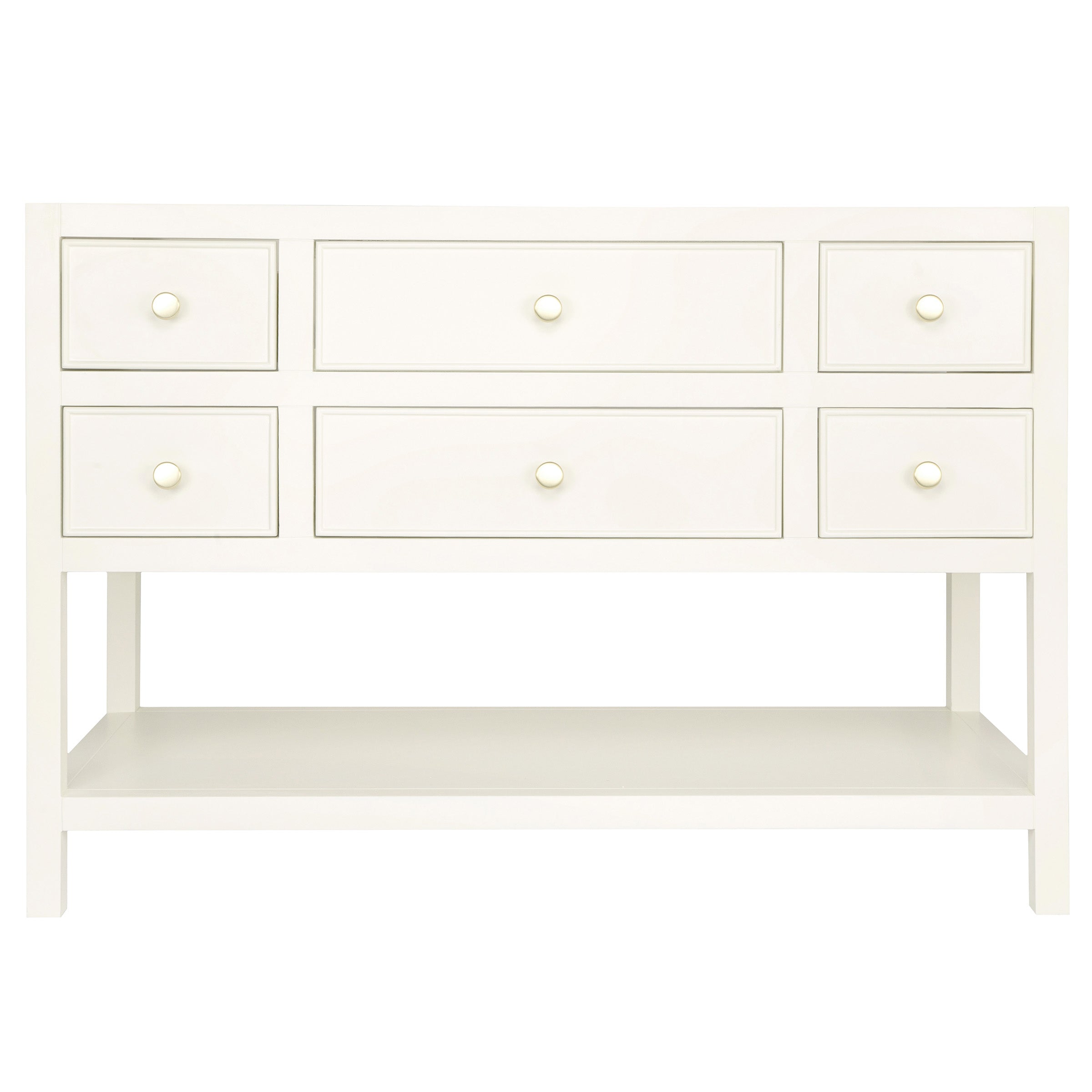 The Sunday Bathroom Vanity in white with drawers, open lower shelf, round knobs, and leg-mounted frame design.
