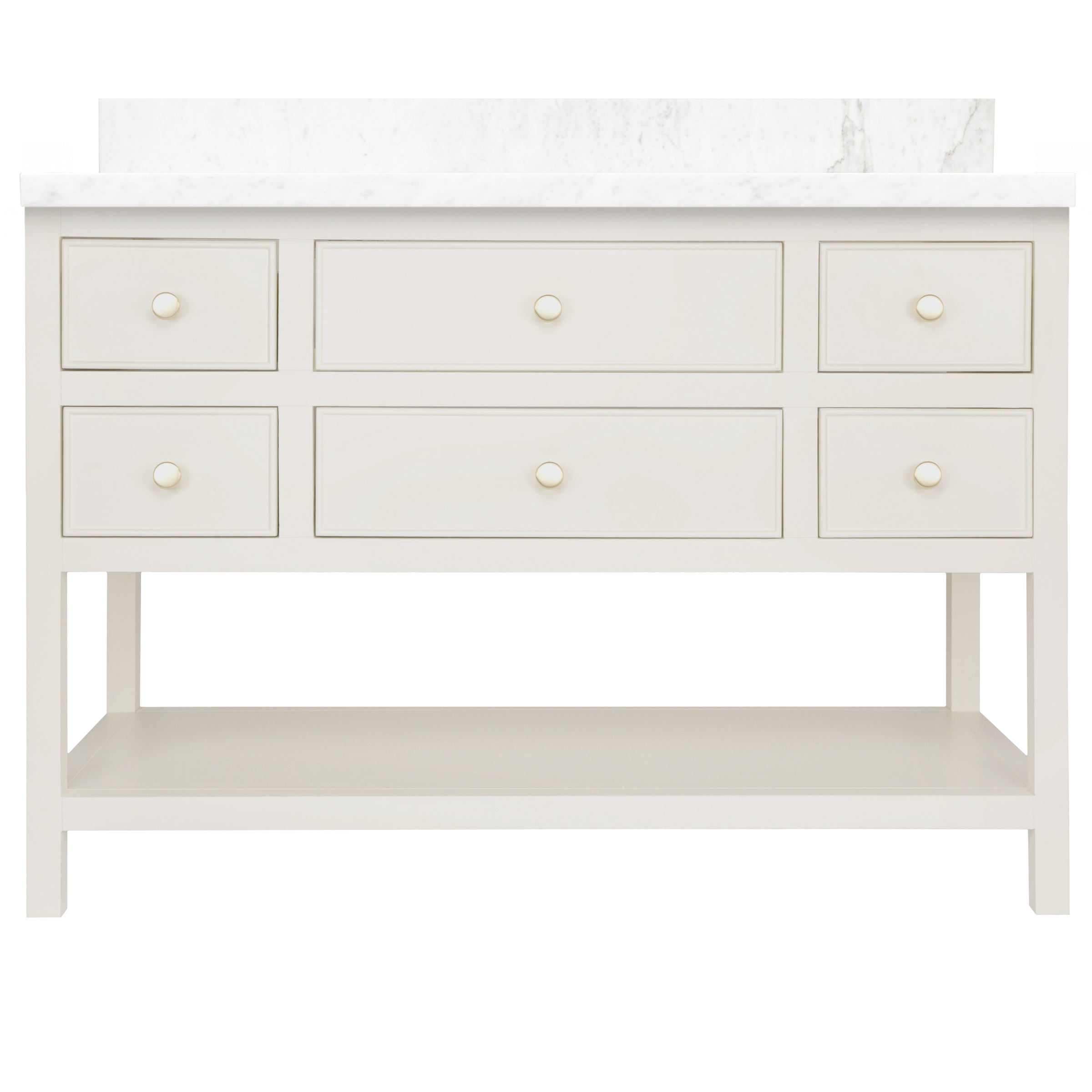The Sunday Bathroom Vanity in grey with marble top, drawers, open lower shelf, from Bathroom Vanities collection