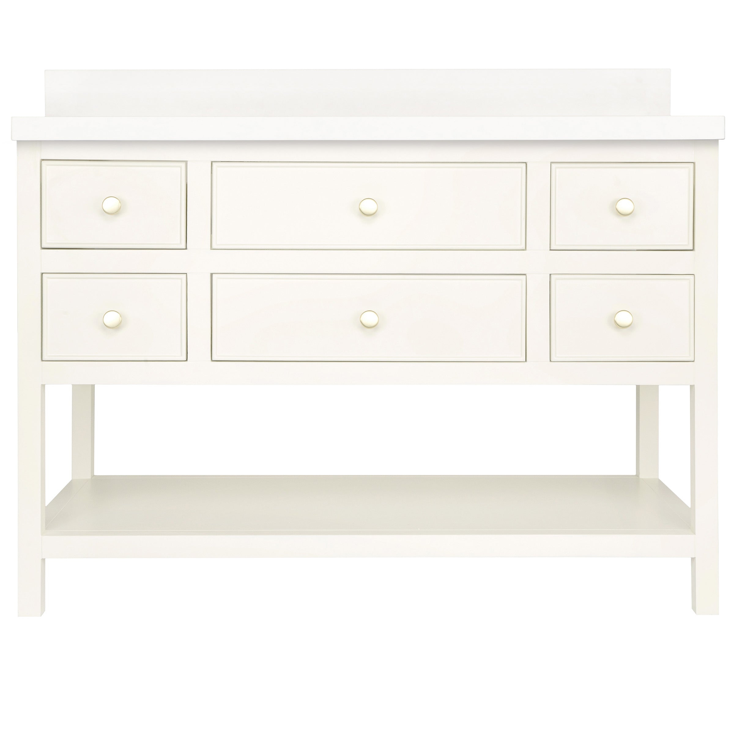 The Sunday Bathroom Vanity in white with multiple drawers and open lower shelf, perfect for bathroom vanities collection.