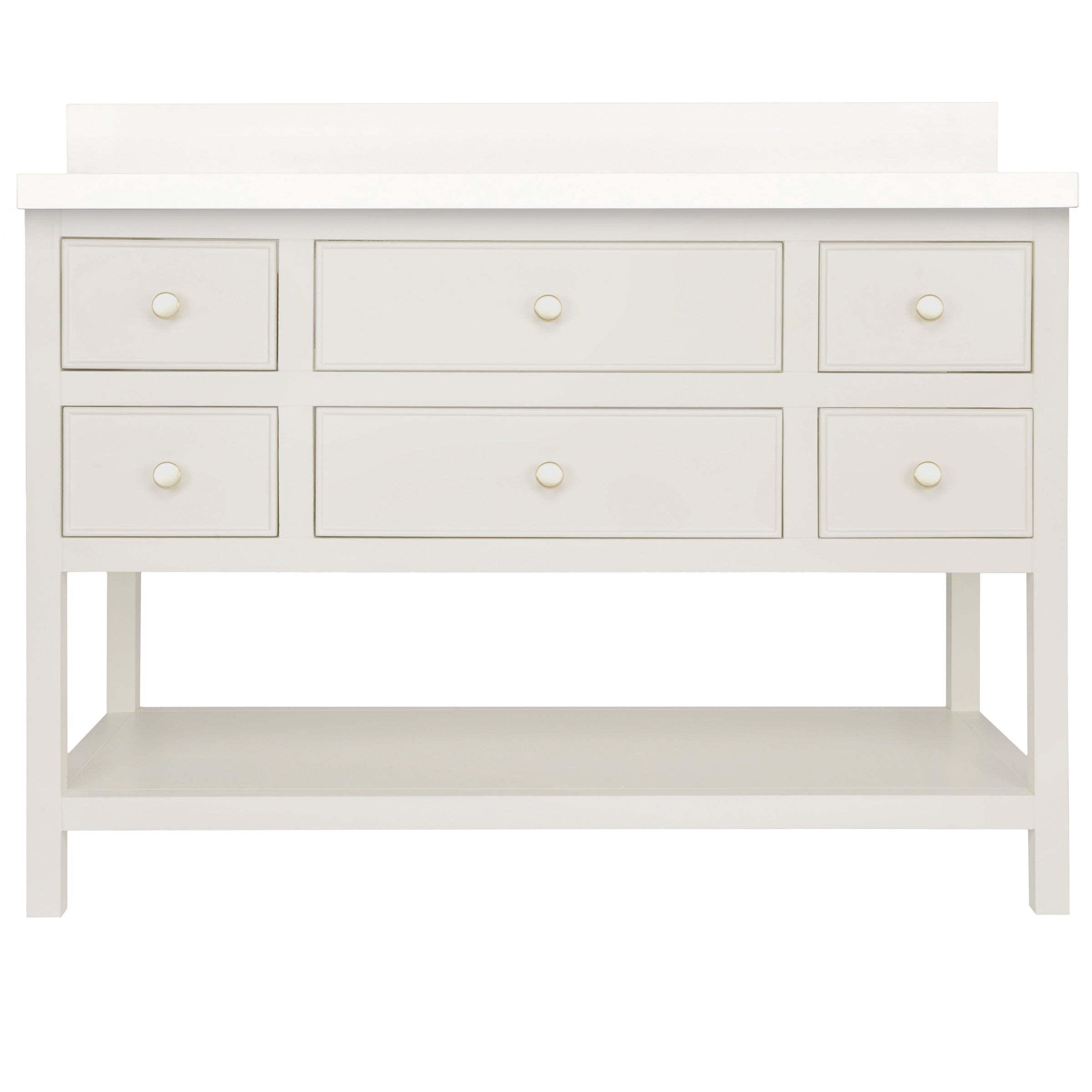 The Sunday Bathroom Vanity in white with round knobs, open shelf, and leg-mounted frame, sourced globally for your imagination.