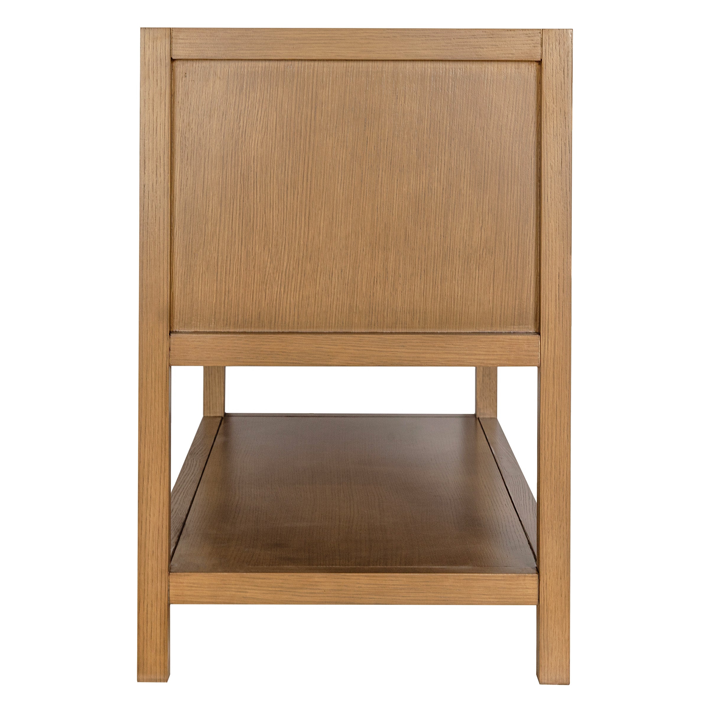 Simple wooden side table with natural finish and an open shelf at the bottom against white background
