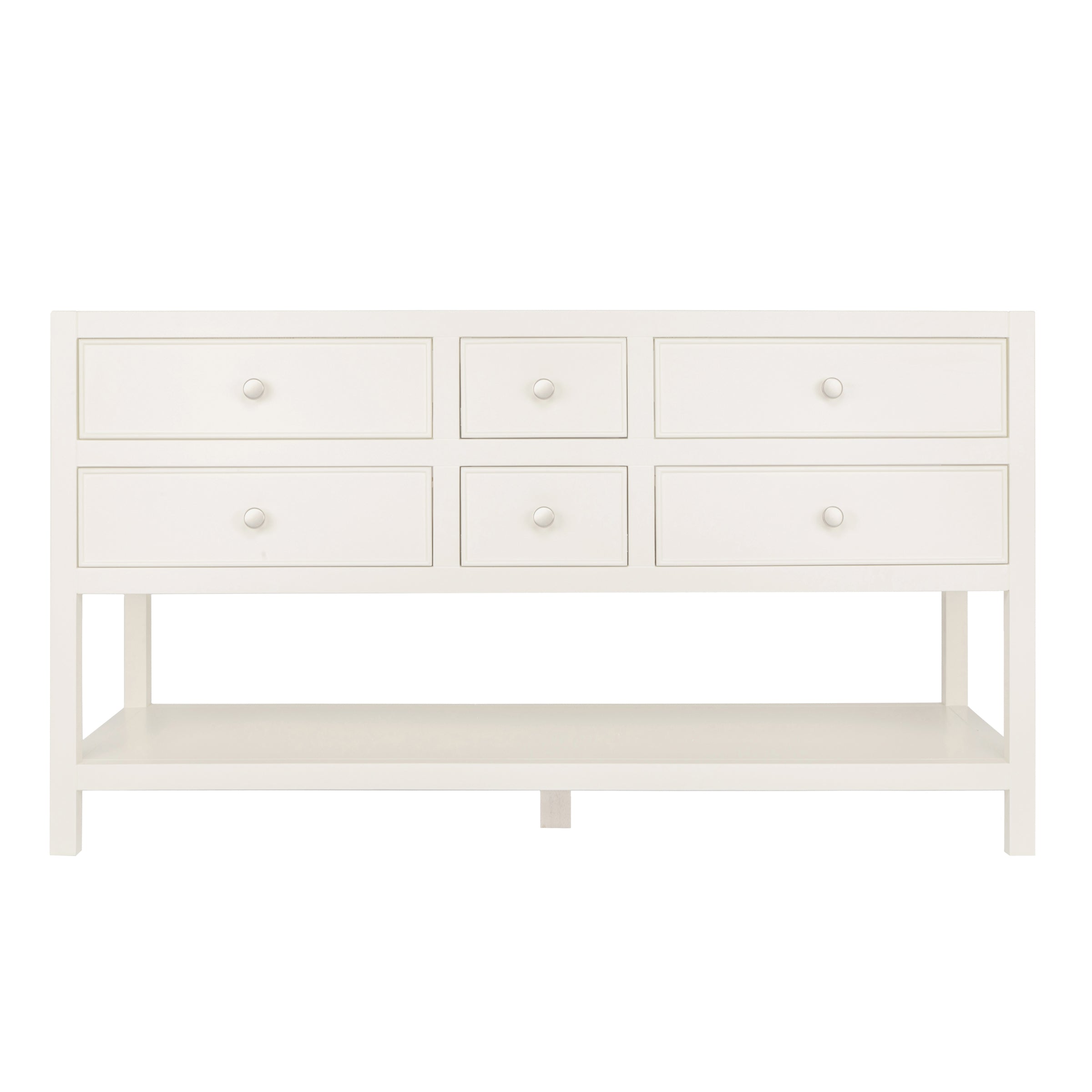 The Sunday Bathroom Vanity in taupe with six drawers and an open lower shelf, part of Bathroom Vanities collection.