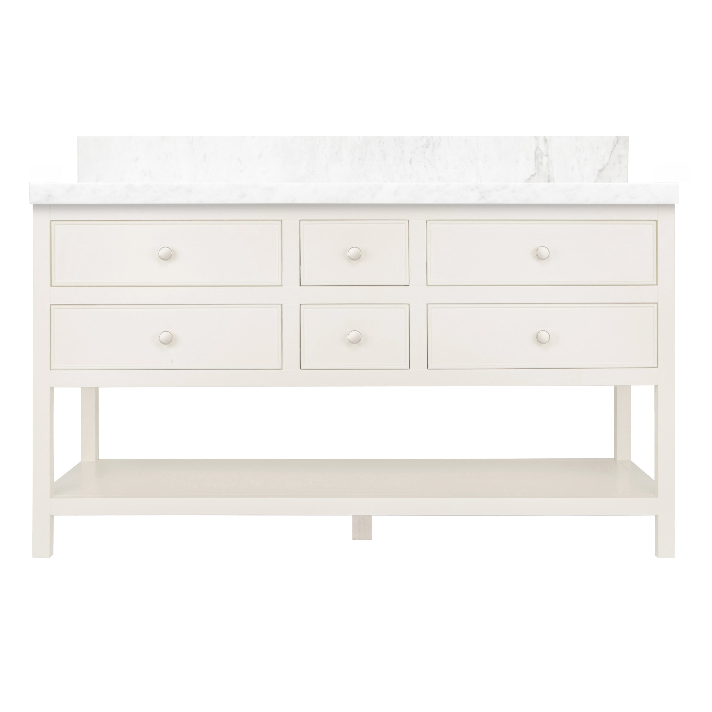 The Sunday Bathroom Vanity in soft taupe with six drawers, an open shelf, and marble top, Bathroom Vanities collection.
