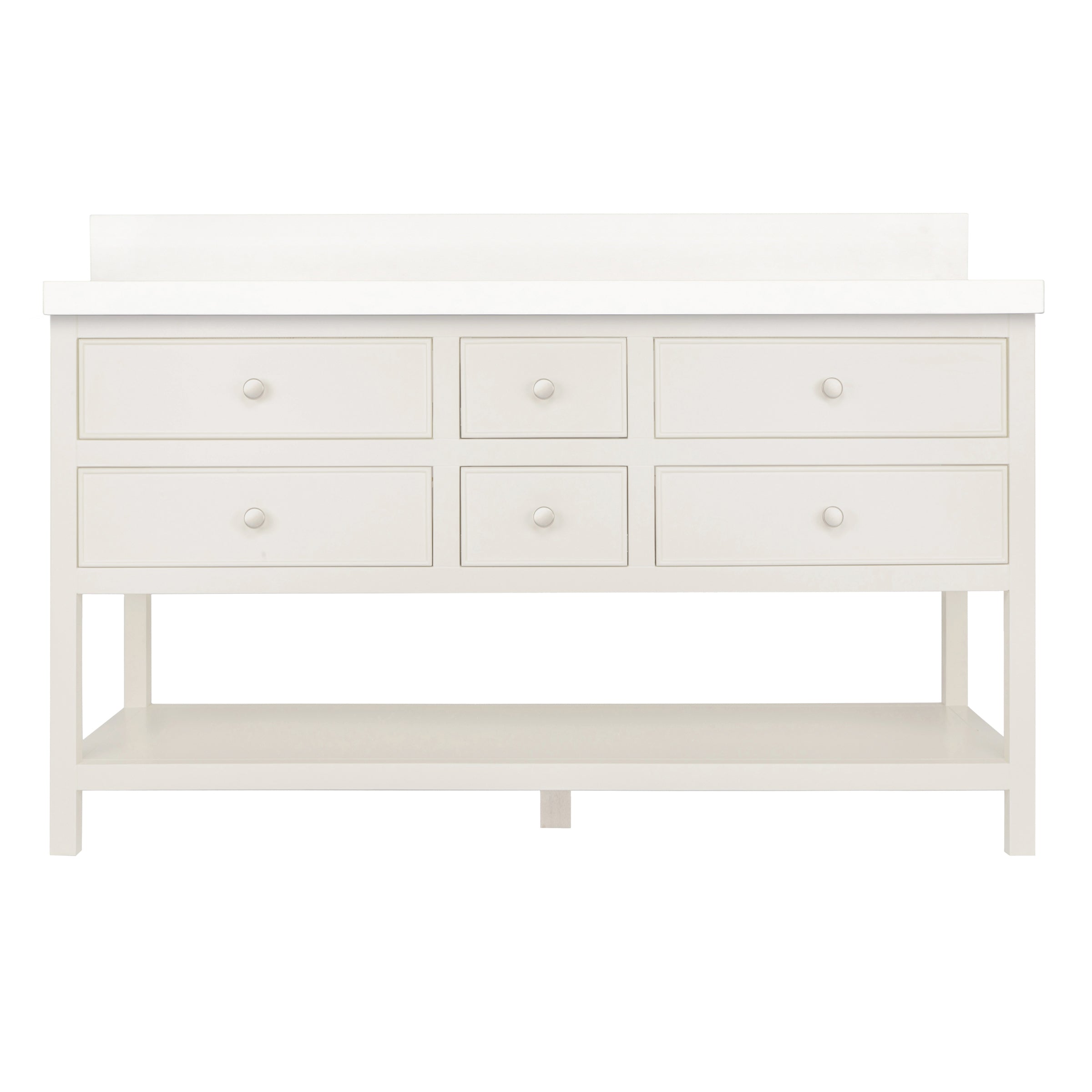 The Sunday Bathroom Vanity in grey plaster with dovetail drawers, open shelf, and round knobs from bathroom vanities collection.