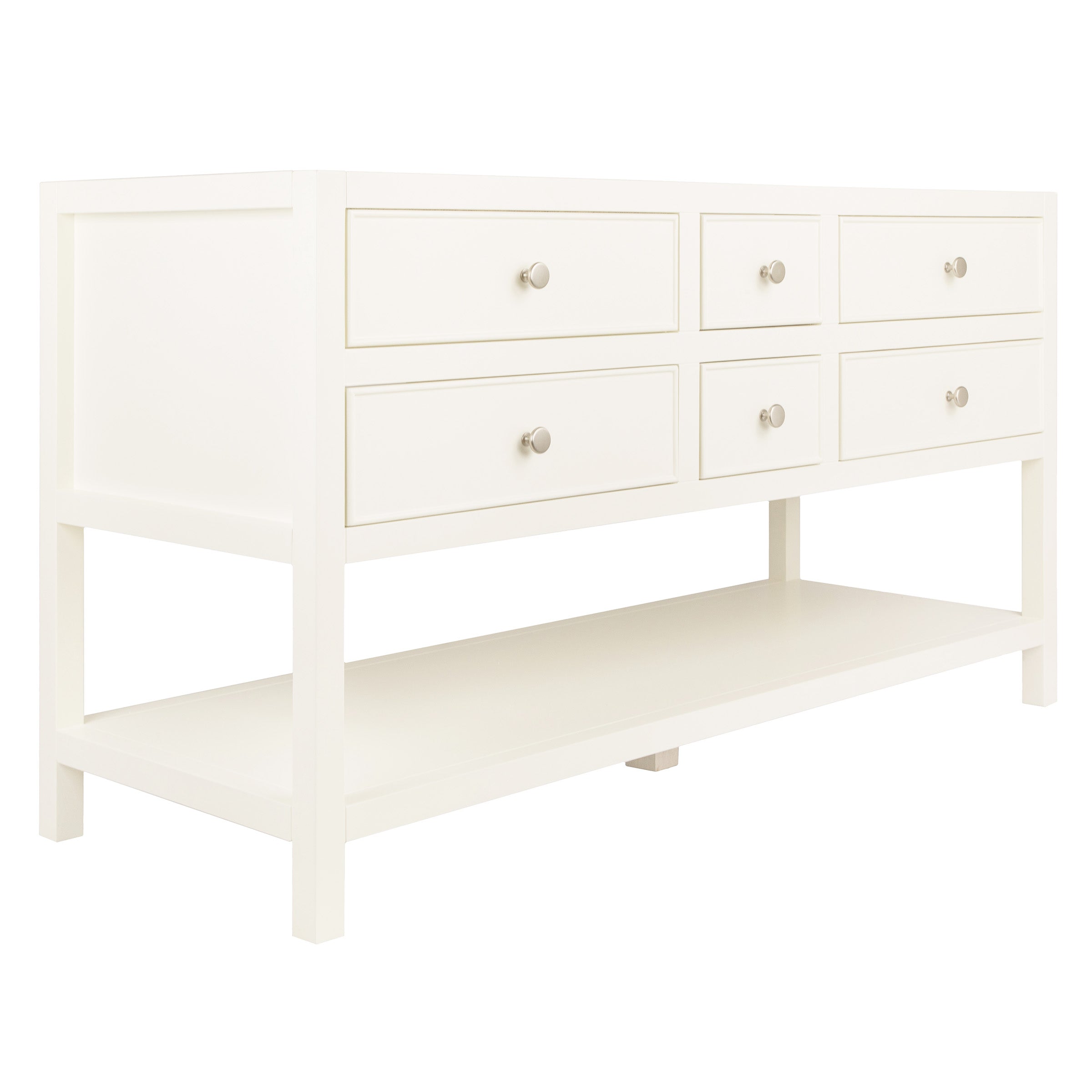 White wooden vanity with six drawers and an open lower shelf against a plain background