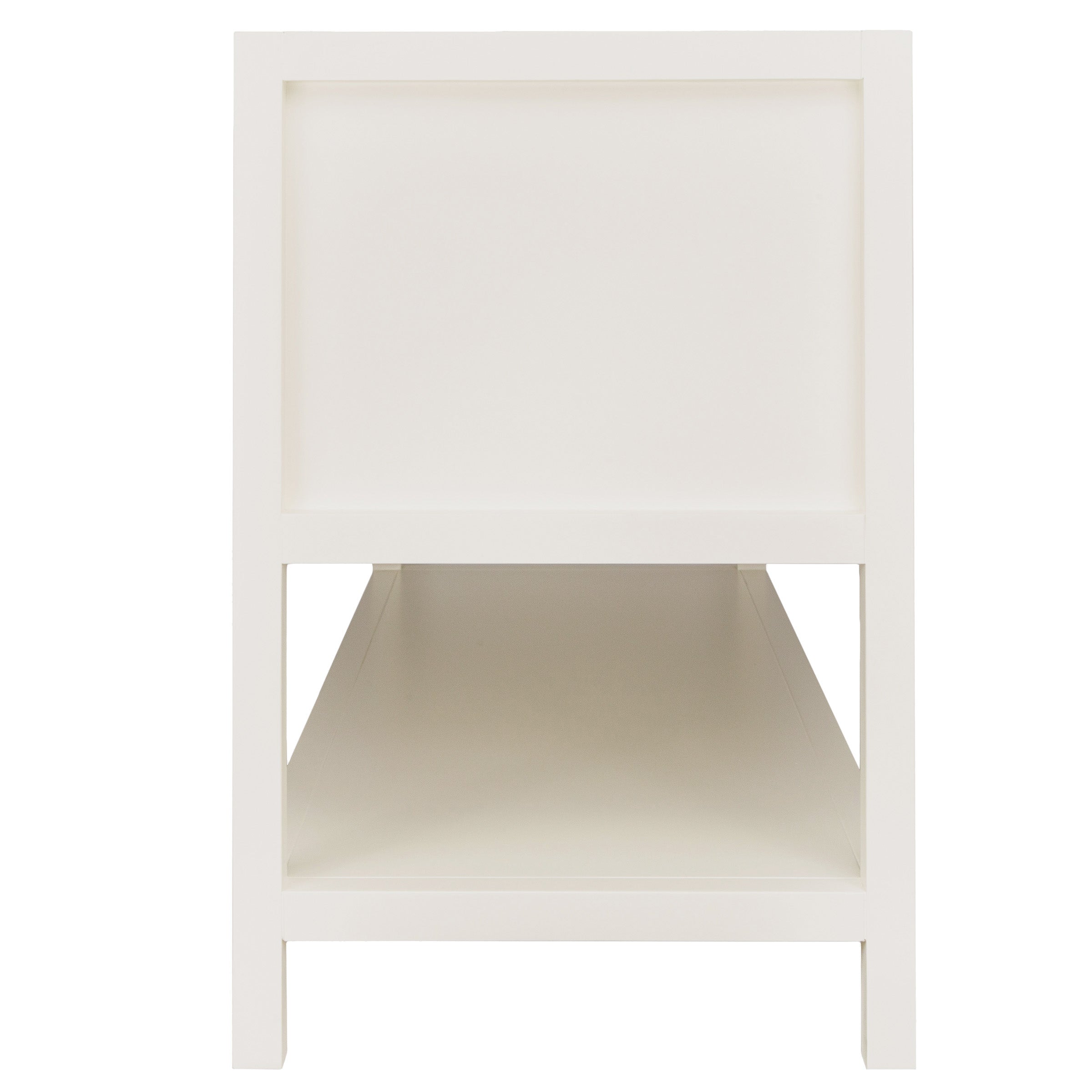 Side view of a minimalist white shelving unit with an open middle compartment and solid frame design.