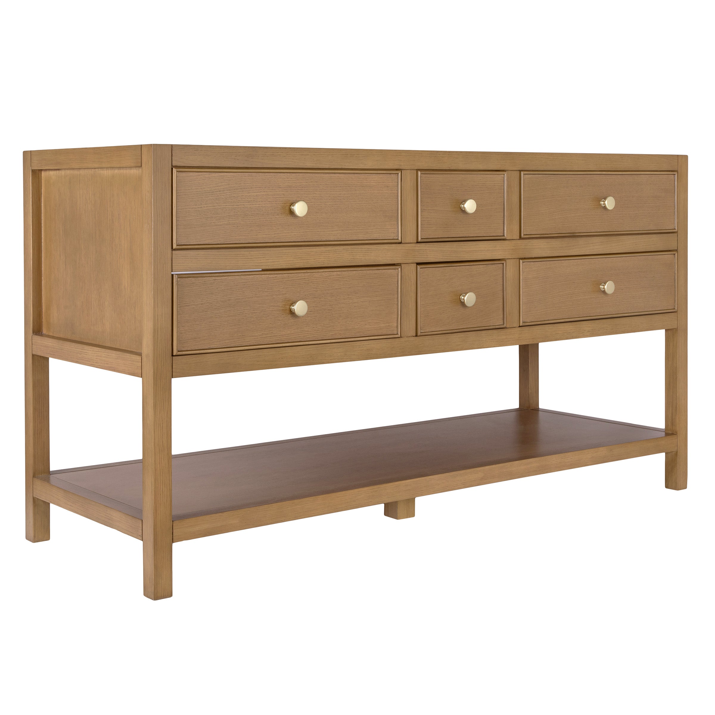 Wooden sideboard with six drawers and an open lower shelf in a light natural finish against white background