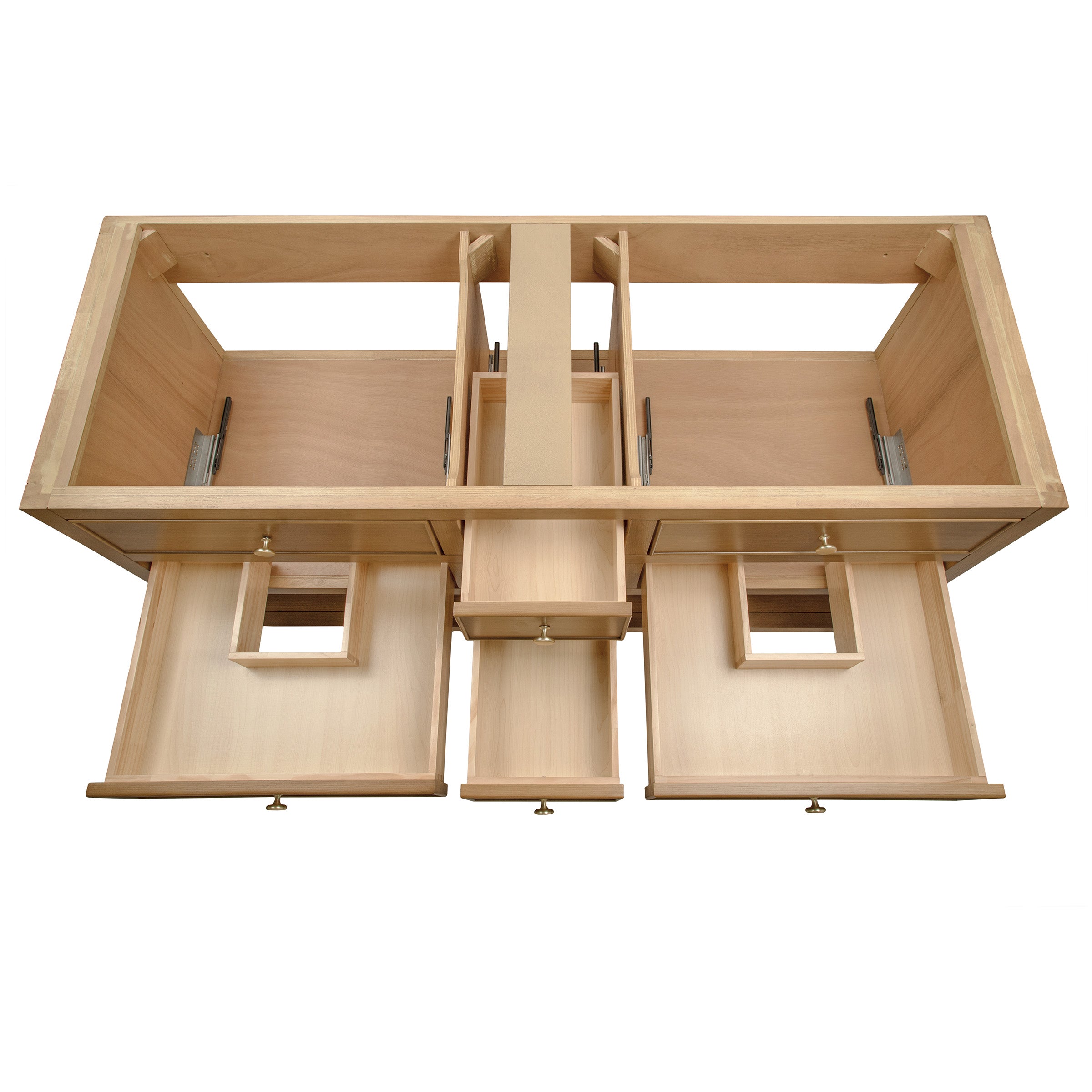 Top view of an unfinished wooden cabinet frame with multiple compartments and drawers pulled out.
