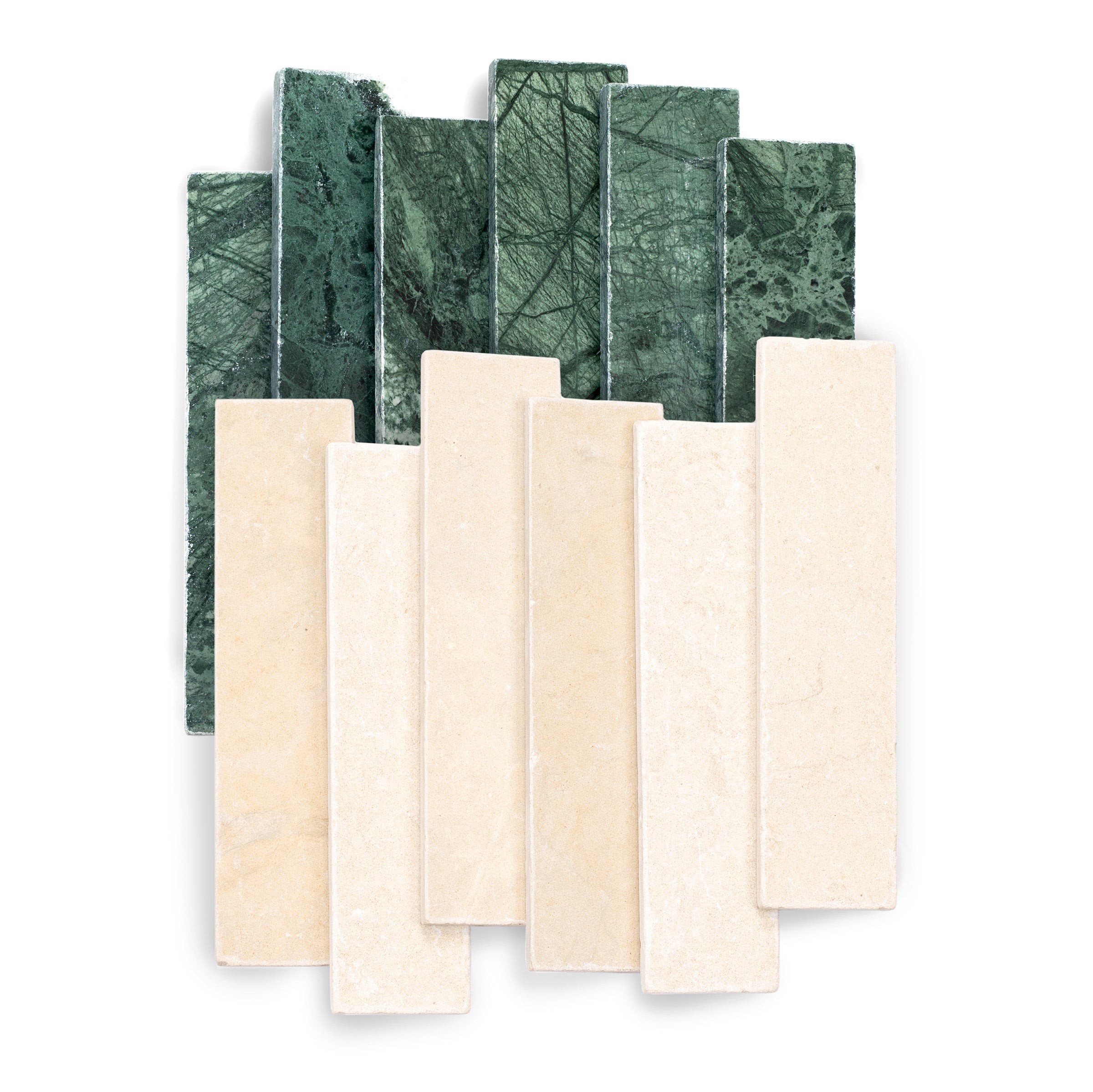 Verde Guatemala Desert Tea Tumbled Stone Checker Stripe natural marble tiles in green and beige from Tumbled Natural Stone Tiles collection