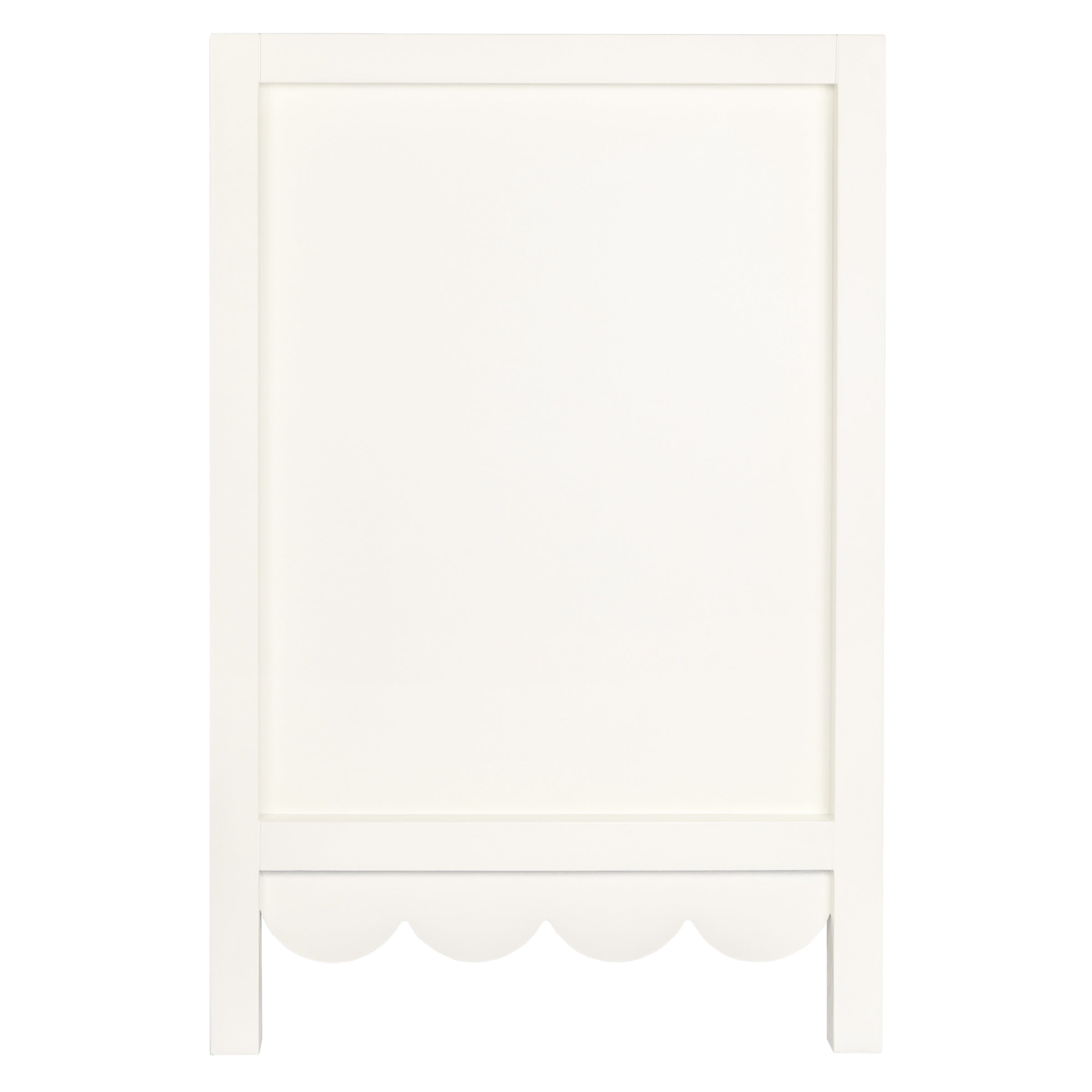 White shaker-style cabinet door with a simple rectangular frame and scalloped bottom edge detail