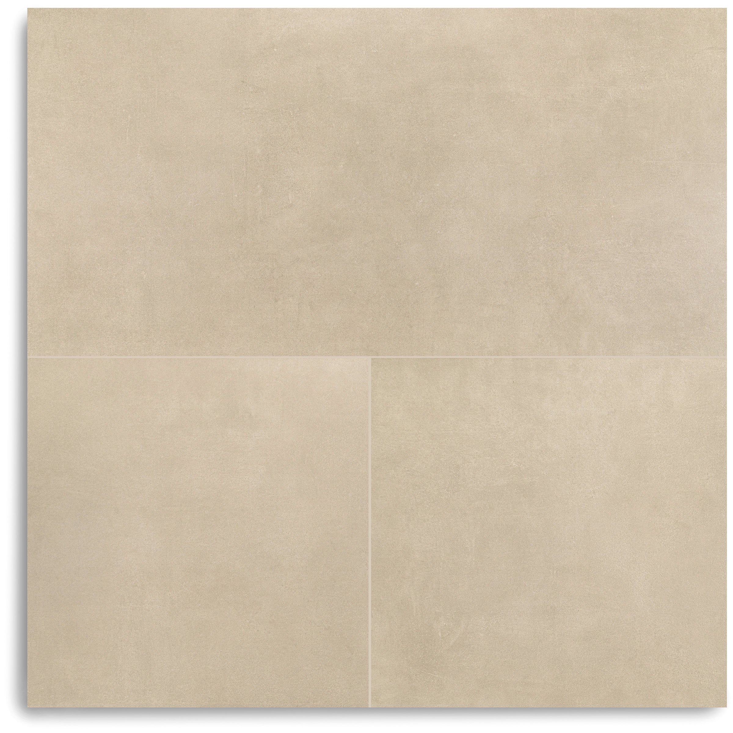 Beige large format tiles with a subtle concrete texture arranged in a three tile layout