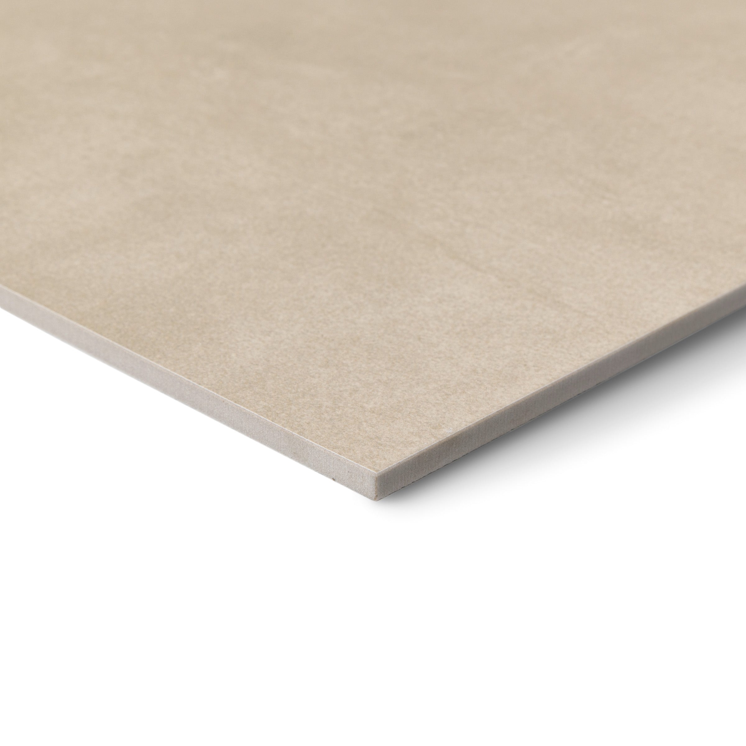Close-up of a matte beige square tile with a subtly textured surface and visible edge